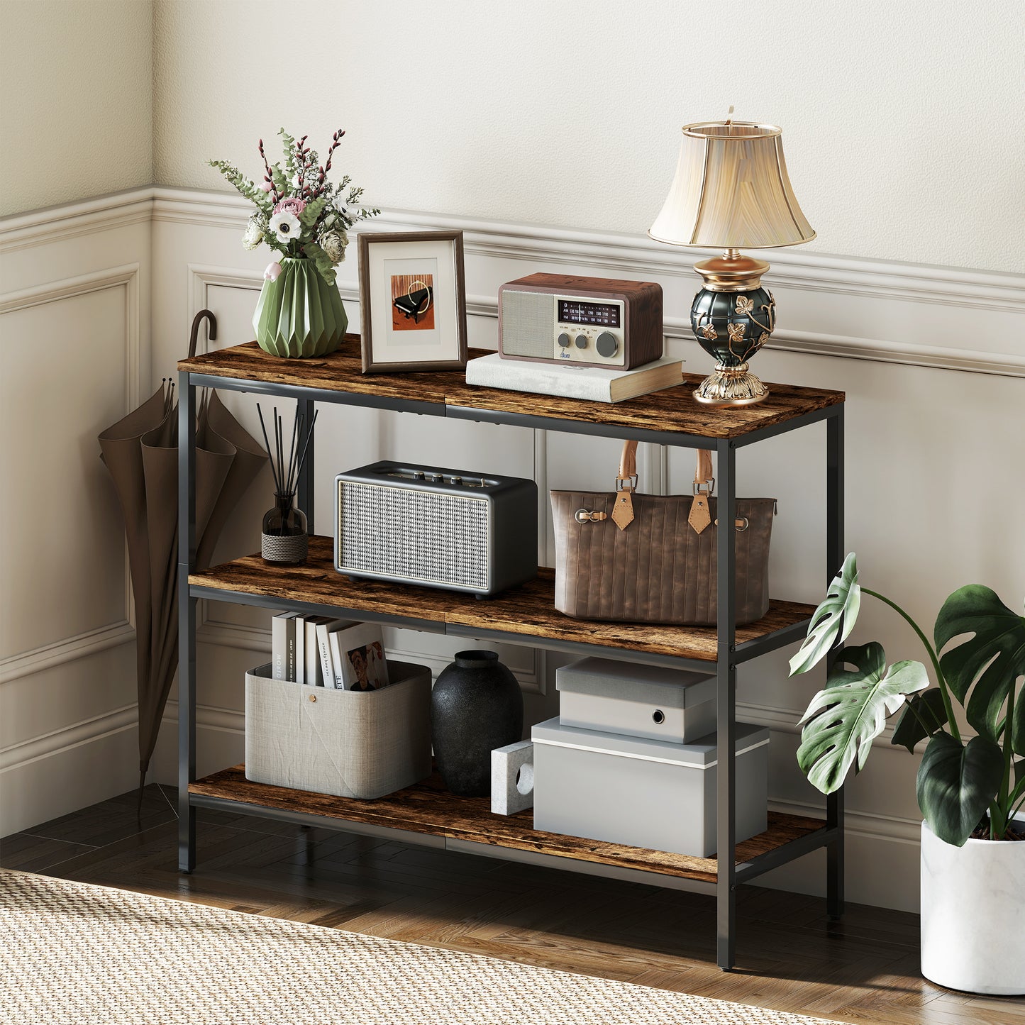 HOMCOM Rustic Brown 3 Tier Console Table With Storage Shelves For Entryway Industrial Black Frame