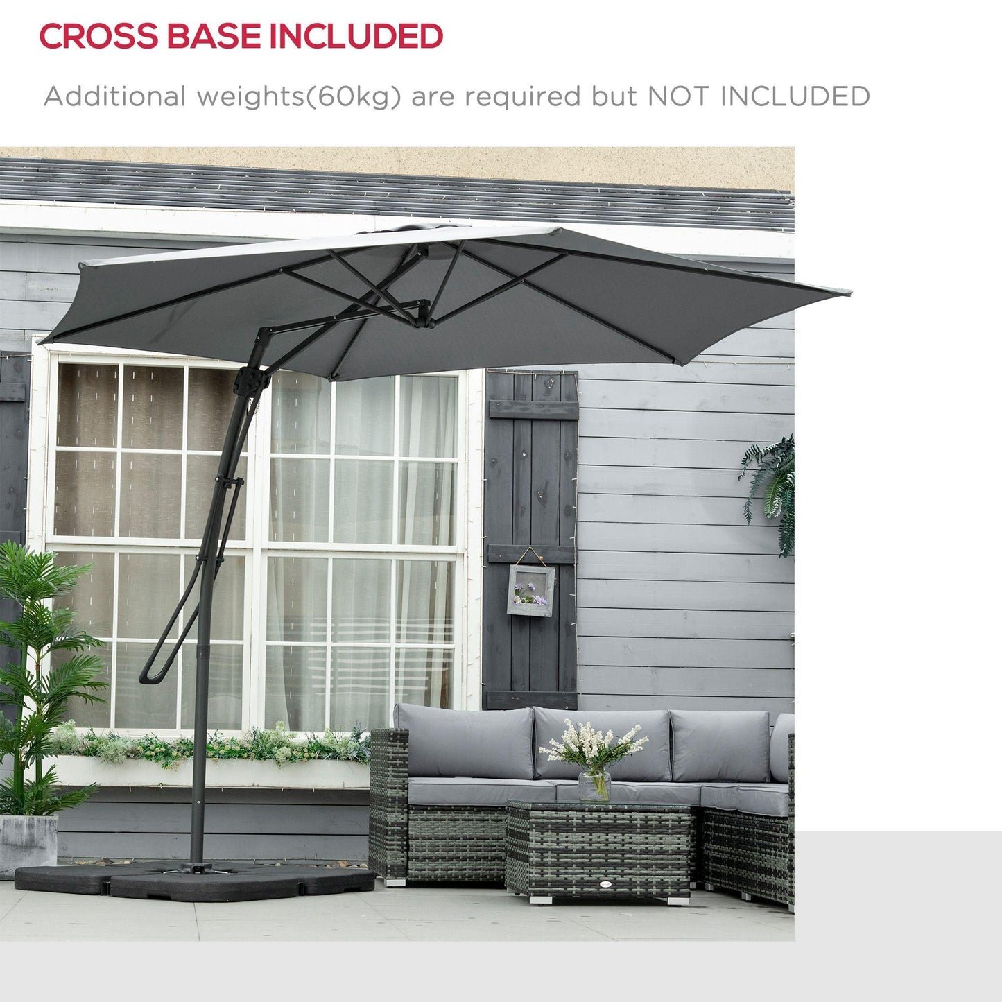 Outsunny 3m Cantilever Patio Umbrella with Crank Handle, Cross Base - Grey - ALL4U RETAILER LTD