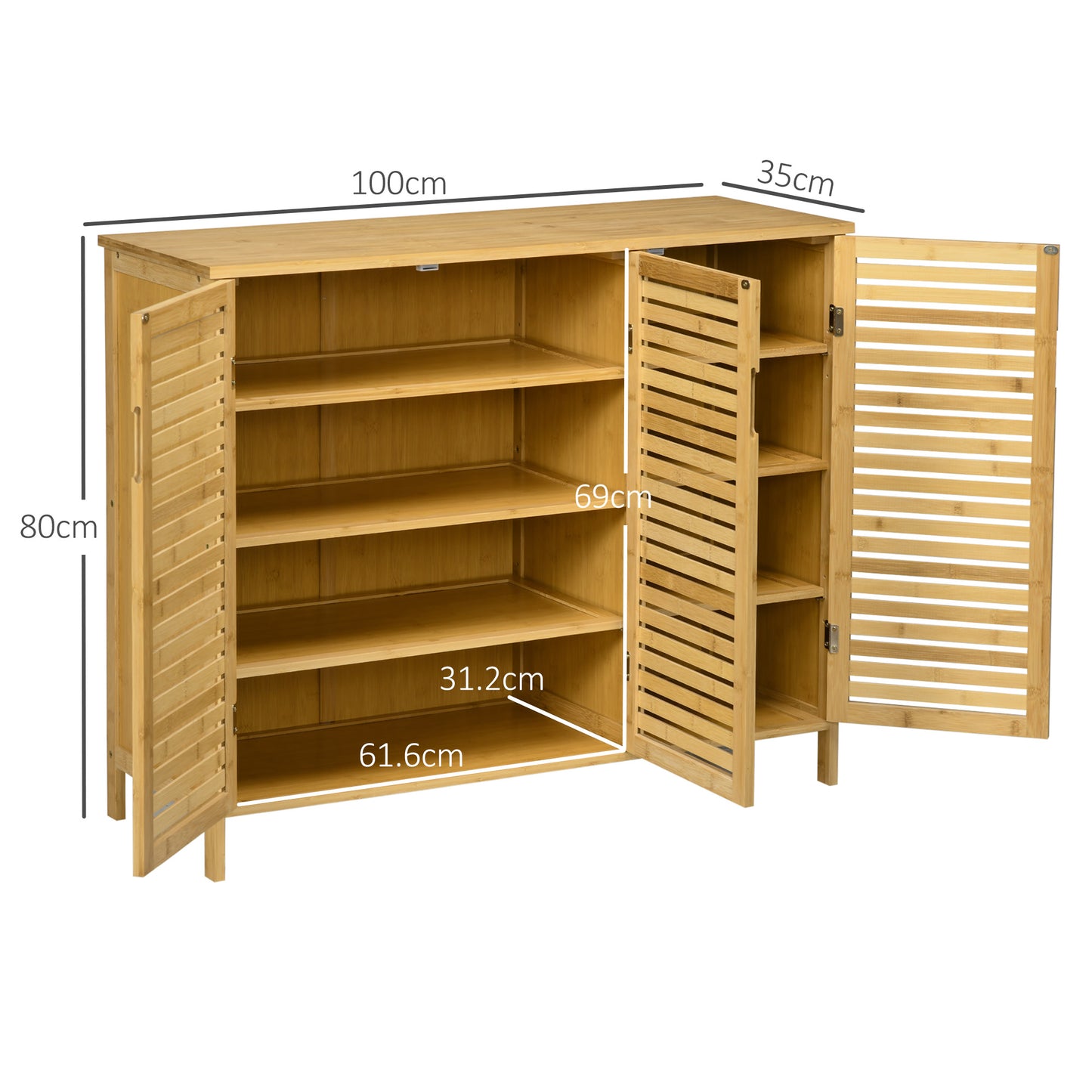HOMCOM Rustic Shoe Cabinet 3 Door Storage with 8 Shelves Adjustable Upper and Lower Shelves Natural Wood Finish
