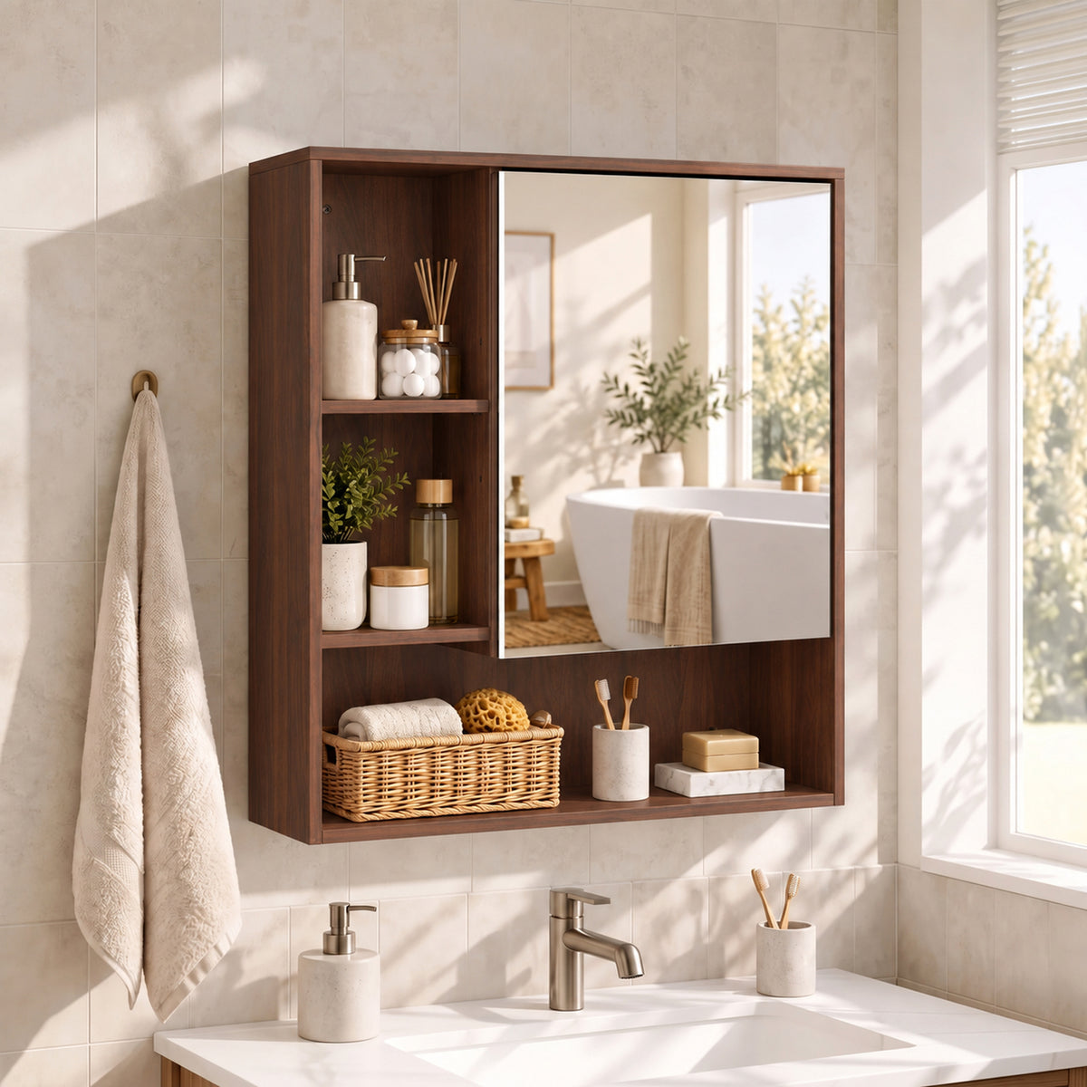 Walnut wall-mounted mirror cabinet with open shelves and woven basket storage