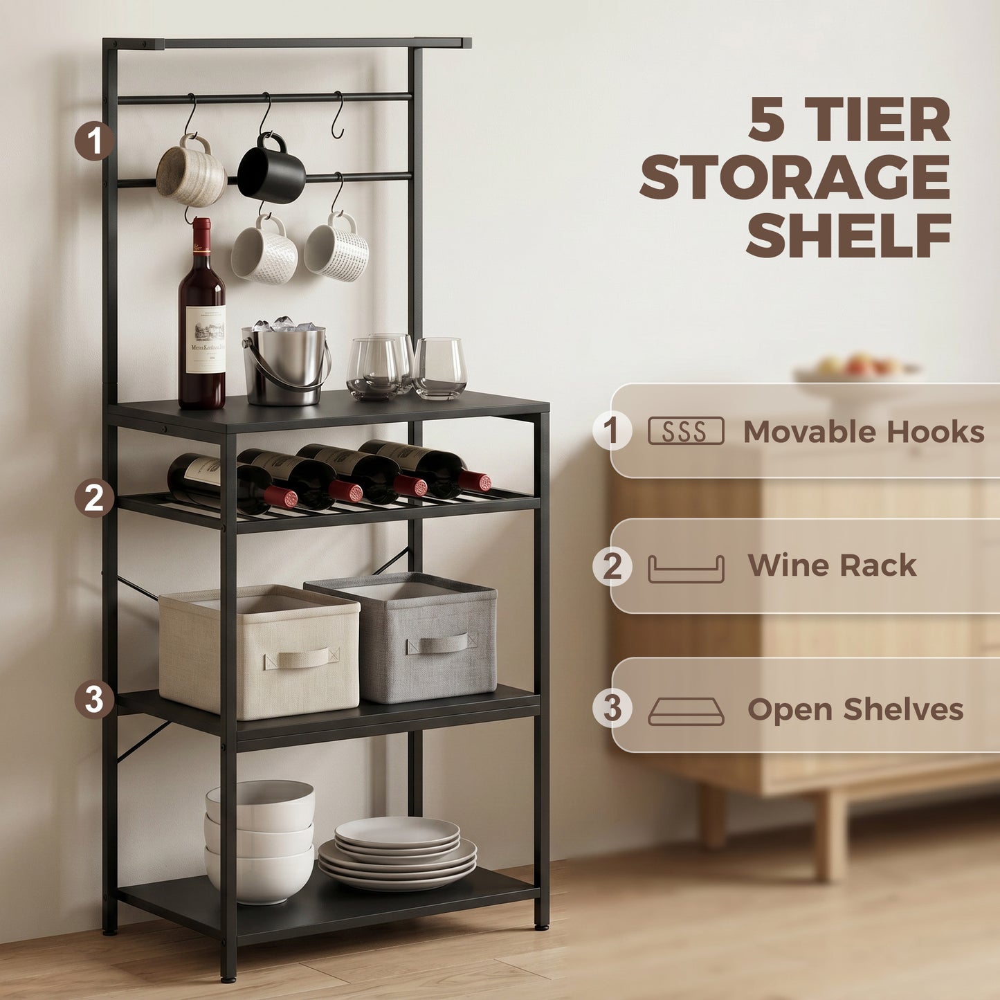 HOMCOM Freestanding Shelving Unit With Wine Rack And Six Hooks For Living Room Five Tier X Frame Design Black