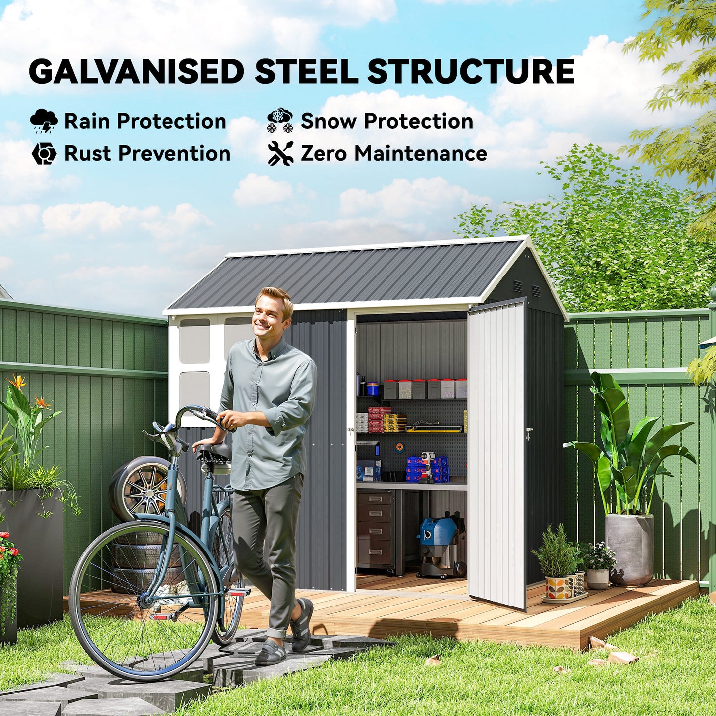 Outsunny 7 By 6ft Galvanised Garden Shed With Latch And Steel Frame Dark Grey Outdoor Storage
