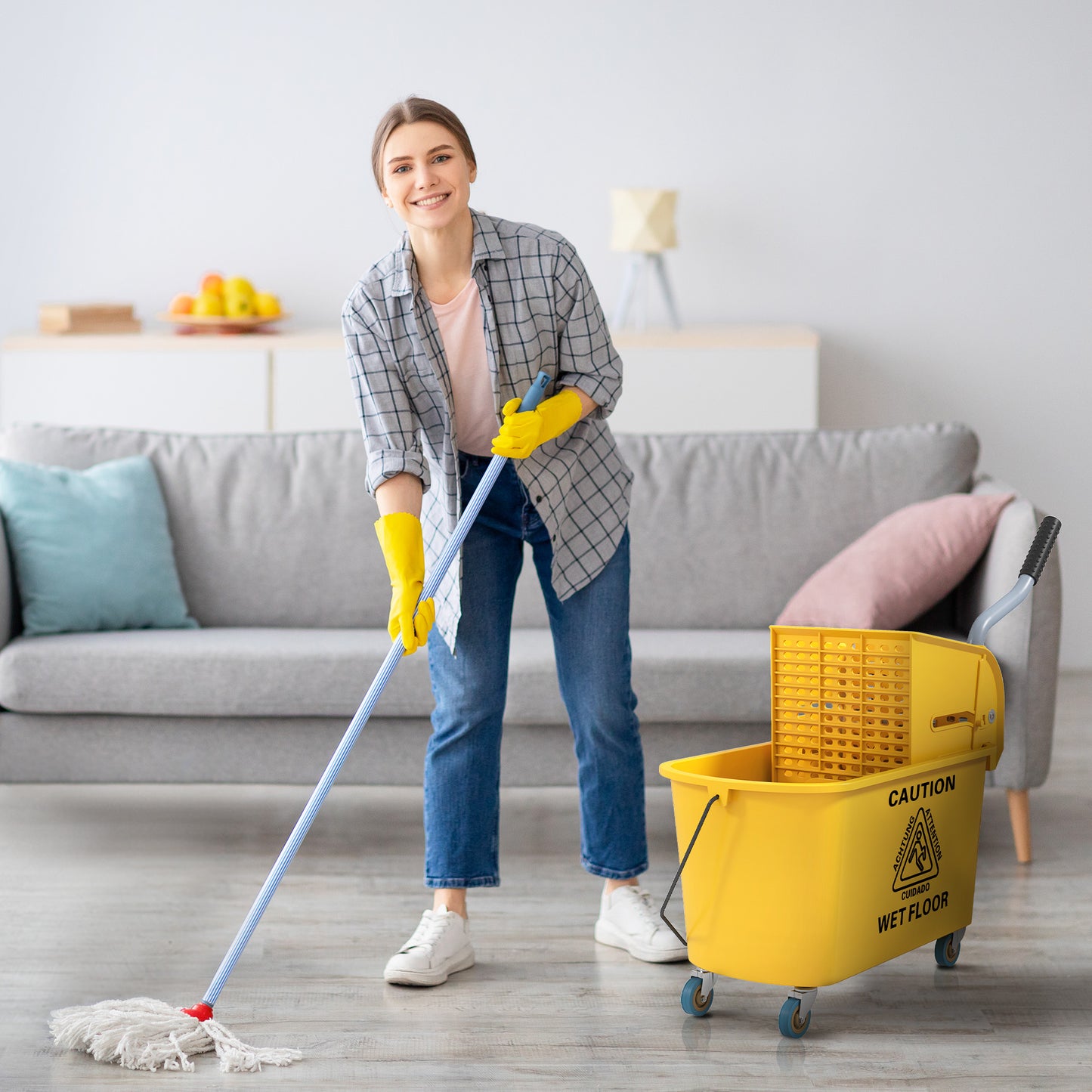 HOMCOM 20 Litre Mop Bucket With Wringer On Wheels Yellow For Floor Cleaning With Side Press And Included Mop