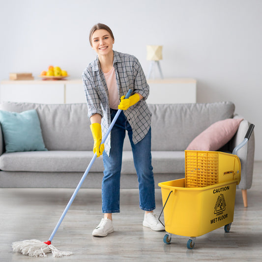 HOMCOM 20 Litre Mop Bucket With Wringer On Wheels Yellow For Floor Cleaning With Side Press And Included Mop