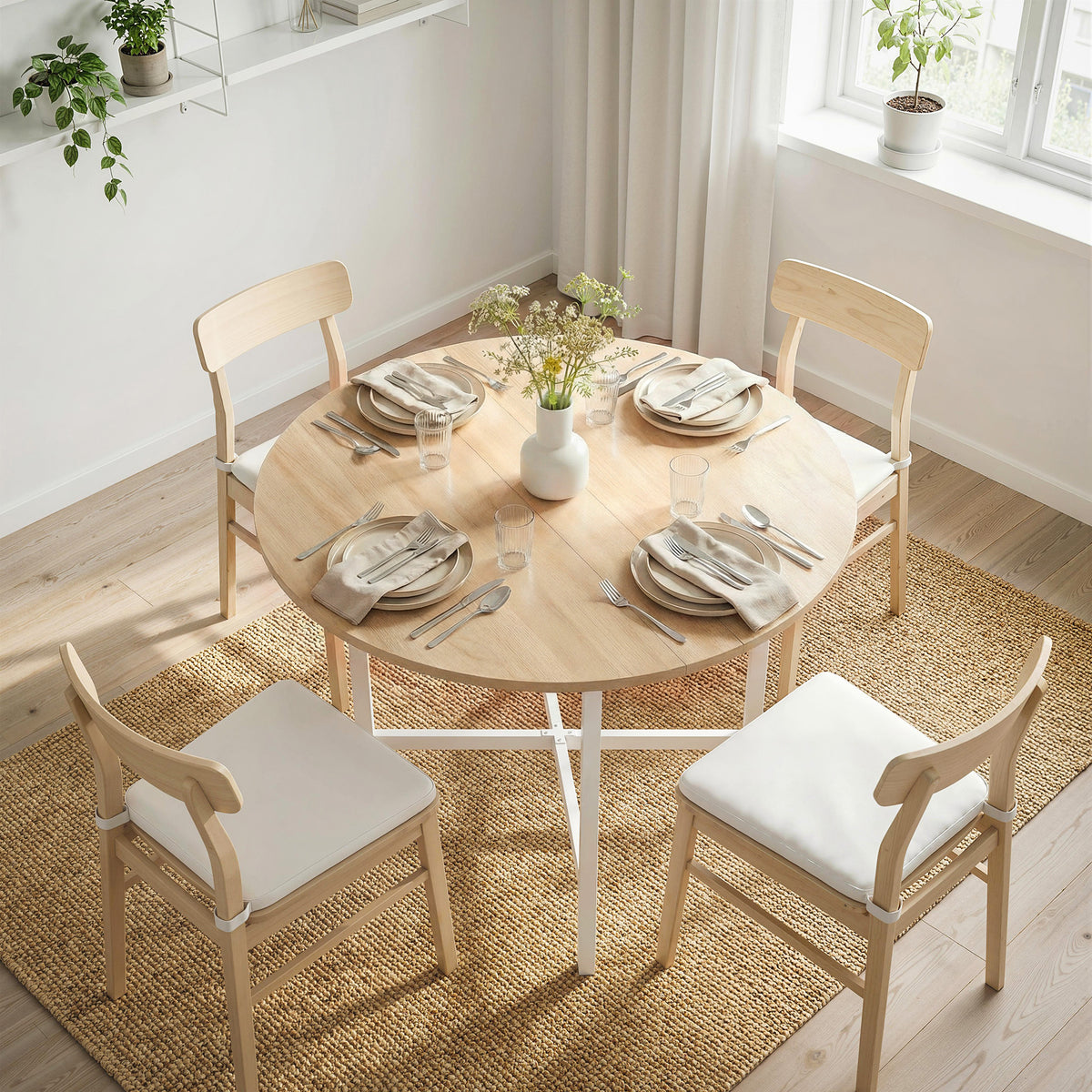 Natural wood round drop-leaf dining table with white legs and four chairs