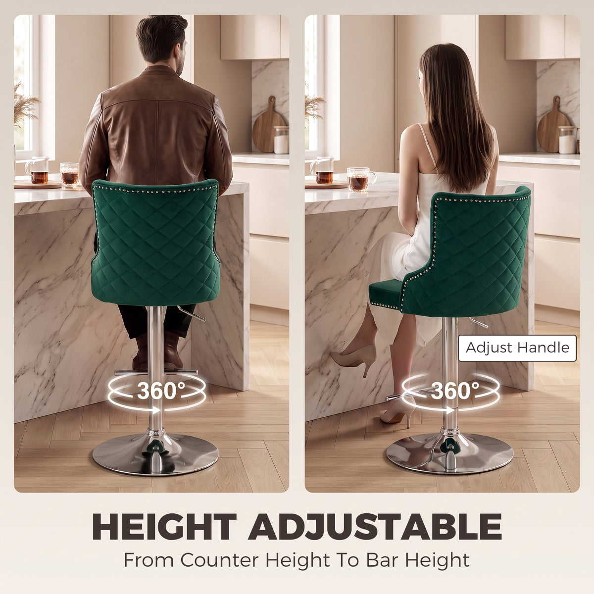 Two green velvet swivel bar stools with quilted back, nailhead trim, and round chrome pedestal