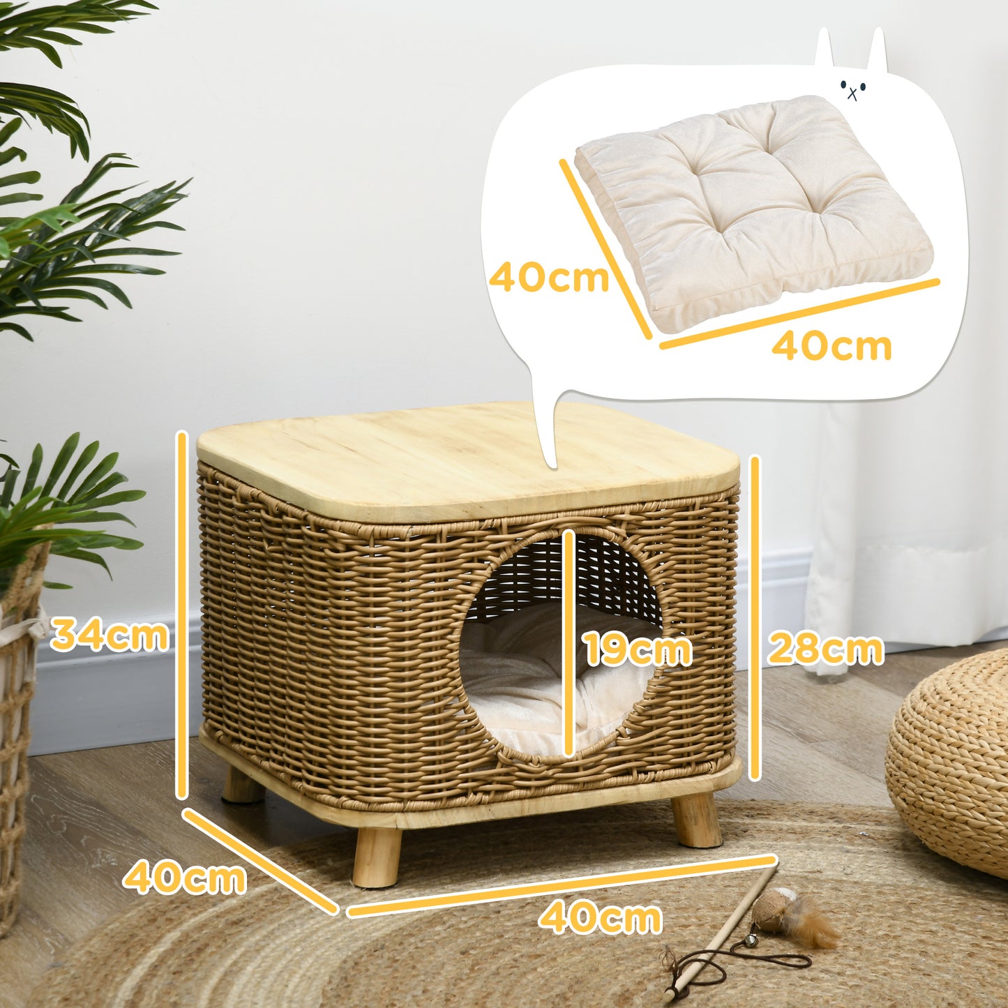 PawHut Chic Elevated Wicker Cat House with Removable Cushion, Light Brown - ALL4U RETAILER LTD