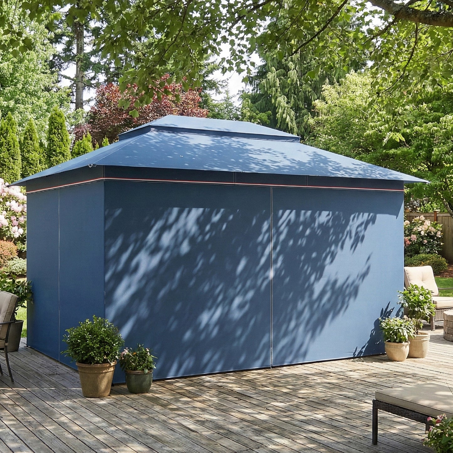 Outsunny 3 x 4 m Outdoor Garden Gazebo With Netting And Curtains UPF50 Plus Patio Permanent Pavilion Canopy Dark Blue