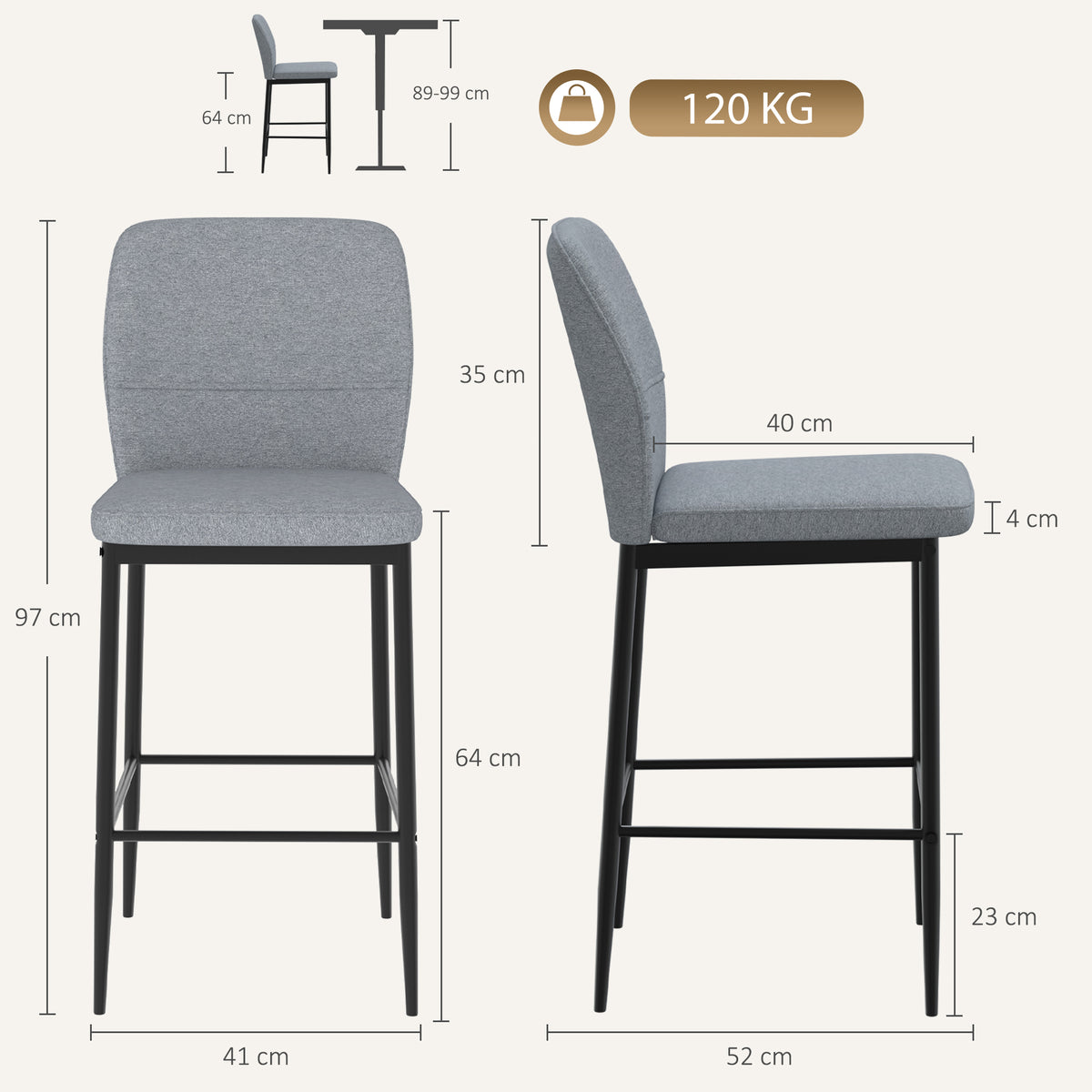 HOMCOM Velvet Bar Stools Set Of 2 With Footrest And Backrest Grey