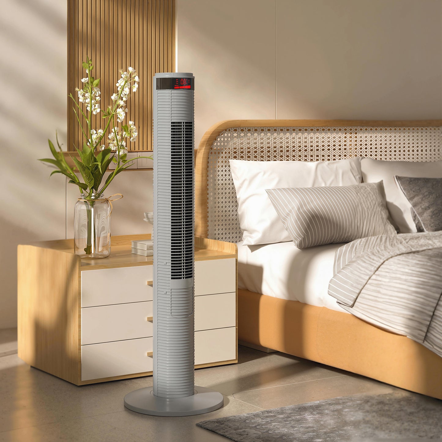 HOMCOM Oscillating Tower Fan With Remote Control LCD Screen 3 Speed 4 Wind Modes Grey