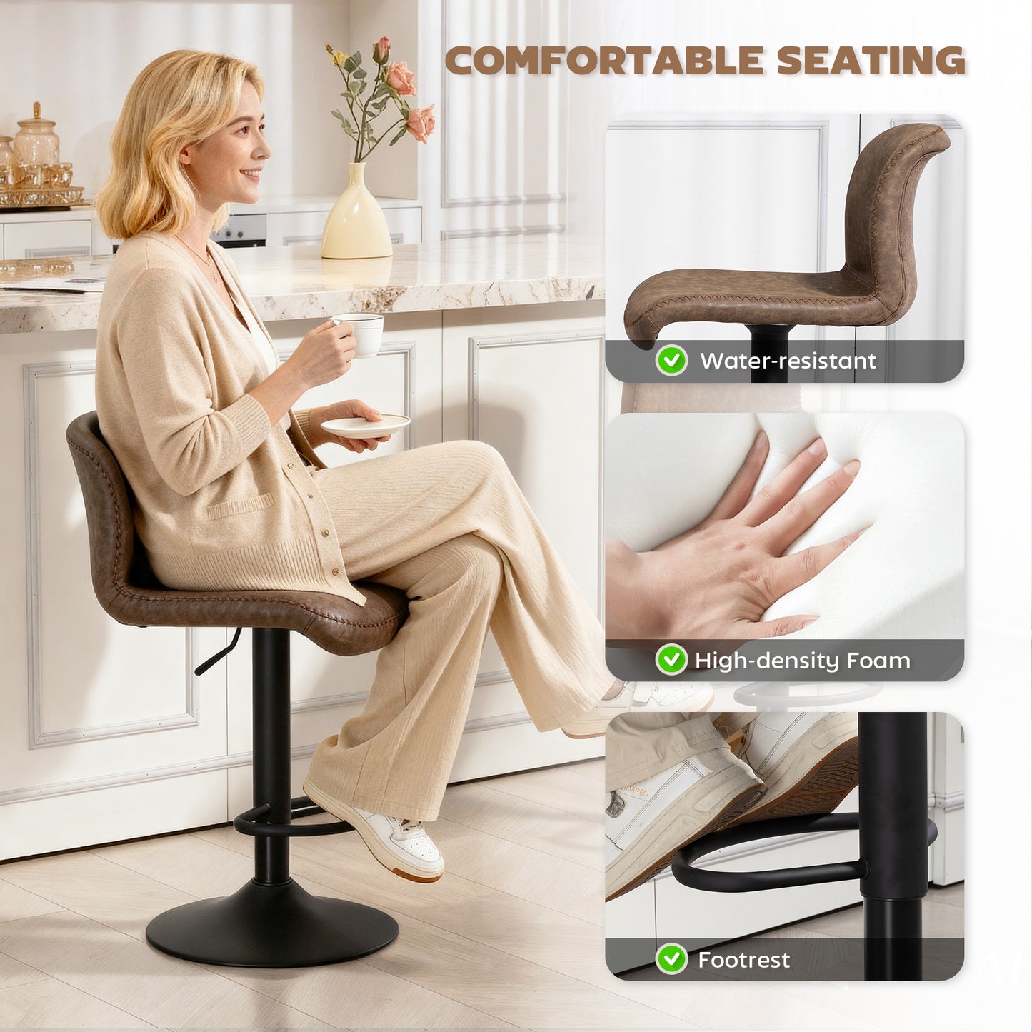 HOMCOM Bar Stools Set of 2 PU Leather Bar Stools with Backrest and Footrest for Kitchen Counter Breakfast Bar Brown