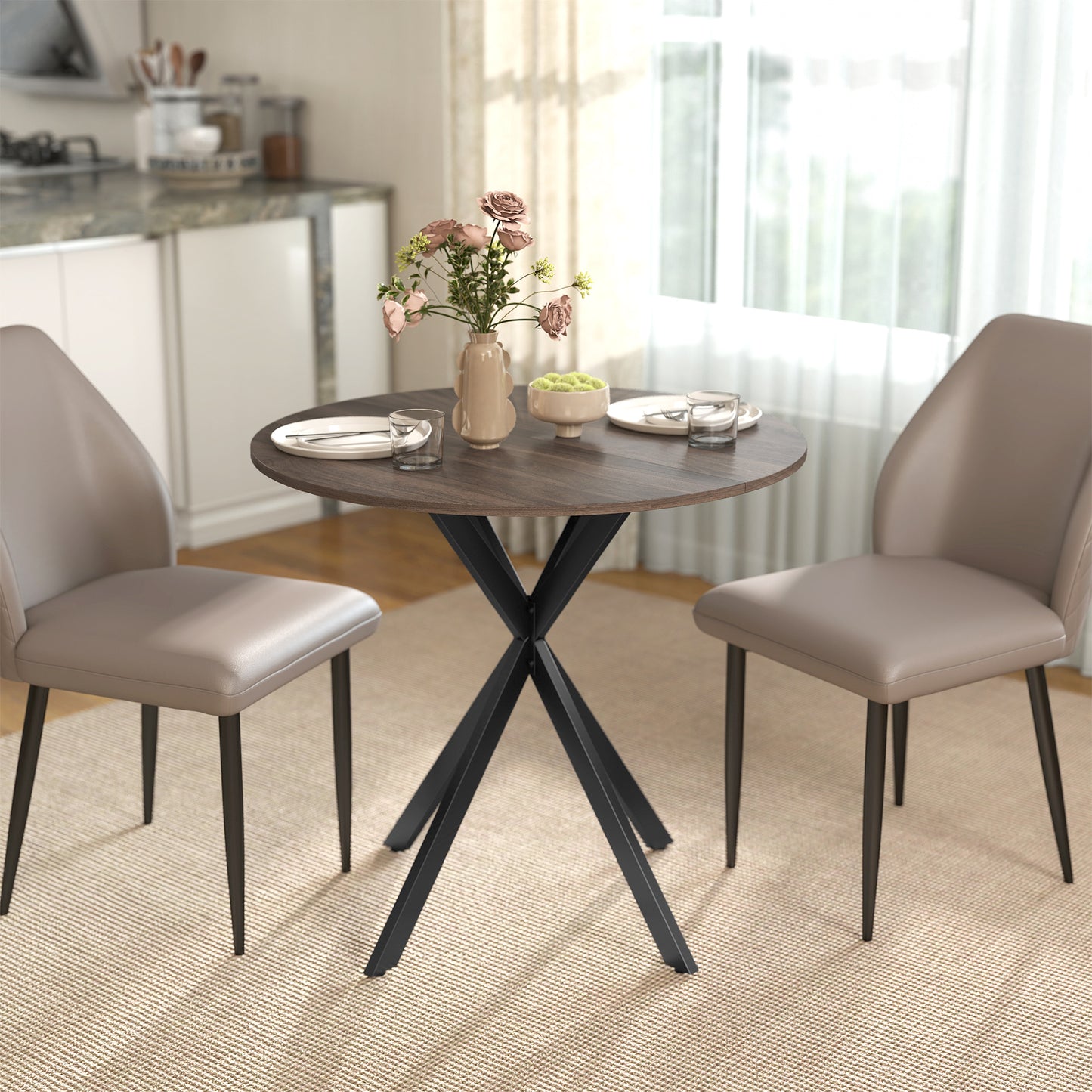 HOMCOM 80 Centimeter Industrial Round Dining Table Brown With X Shaped Legs Ideal For Family Meals