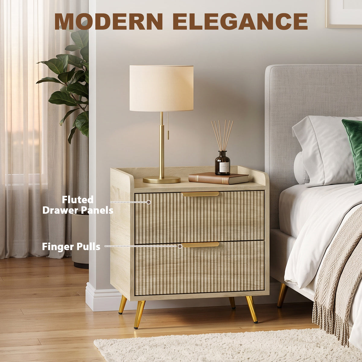 HOMCOM Bedside Table With Two Drawers Metal Legs Natural Wood Finish