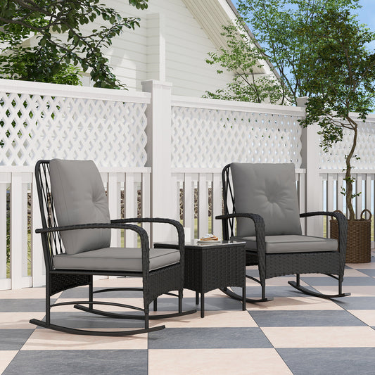 Outsunny Three Piece Rattan Bistro Set With Glass Top Table Two Rocking Chairs Black