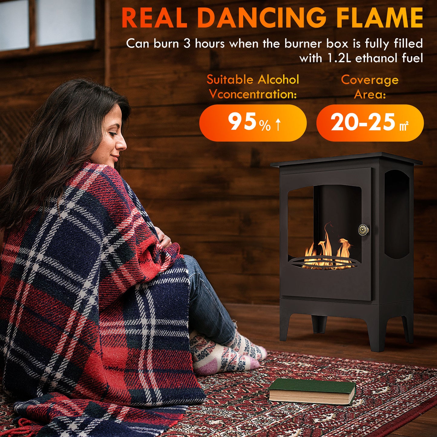 HOMCOM Freestanding Ethanol Fireplace Stainless Steel Flame Snuffer 0.9 Liter Tank 3 Hour Burn Time Indoor Use Black