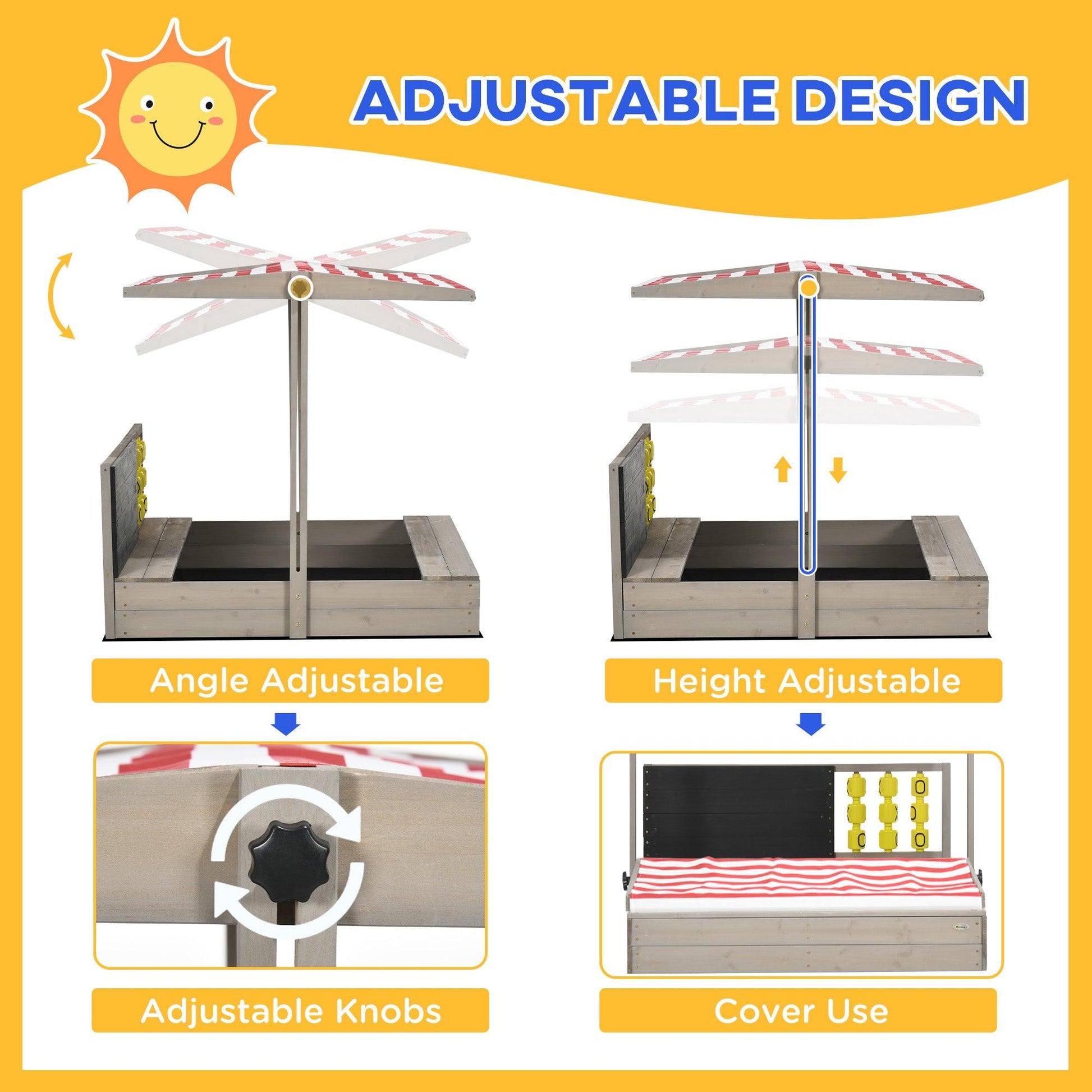 Outsunny Kids Wooden Sandpit, Sandbox w/ Canopy, Seats, for Gardens - Grey - ALL4U RETAILER LTD