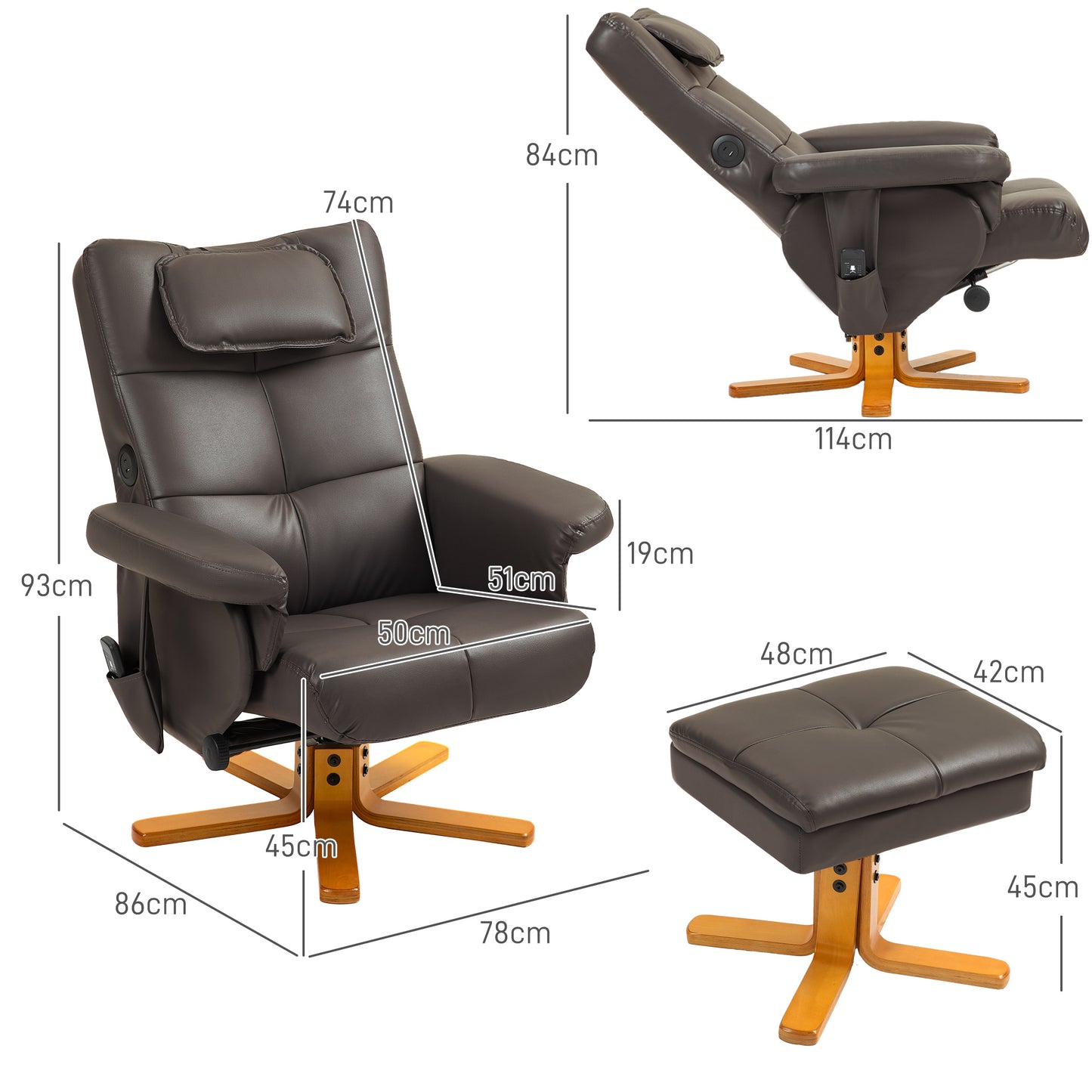 HOMCOM Faux Leather Massage Recliner Chair With Storage Ottoman Brown Adjustable Backrest And Six Massage Points