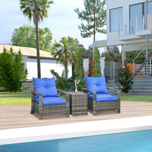 Outsunny 3pc PE Rattan Patio Bistro Set with Blue Cushions - ALL4U RETAILER LTD