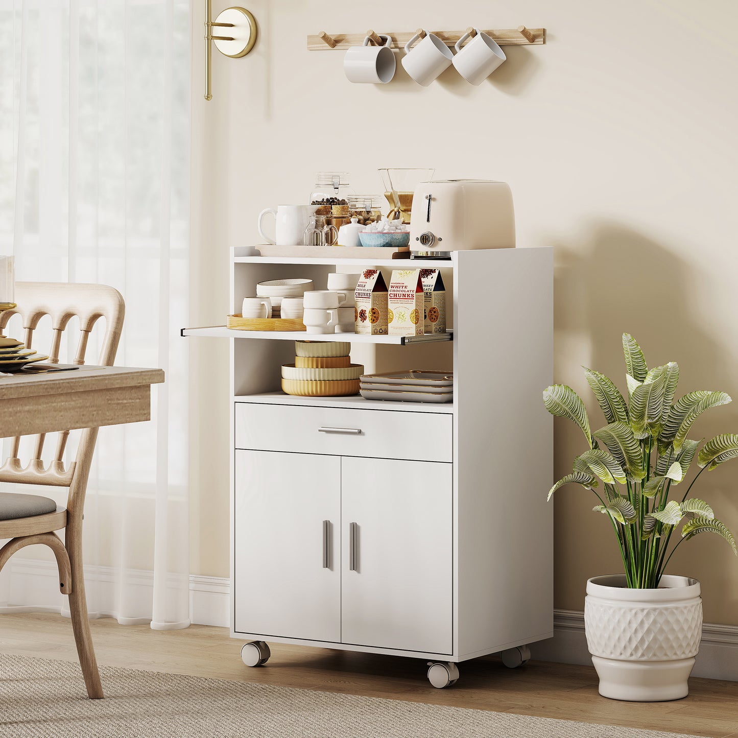 Homcom Kitchen Trolley With Wheels Mobile Microwave Stand With Slide Out Shelf Drawer And Two Doors For Dining Room