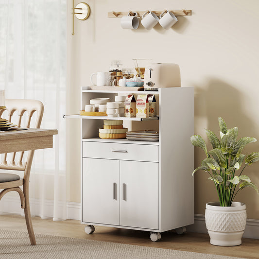 Homcom Kitchen Trolley With Wheels Mobile Microwave Stand With Slide Out Shelf Drawer And Two Doors For Dining Room