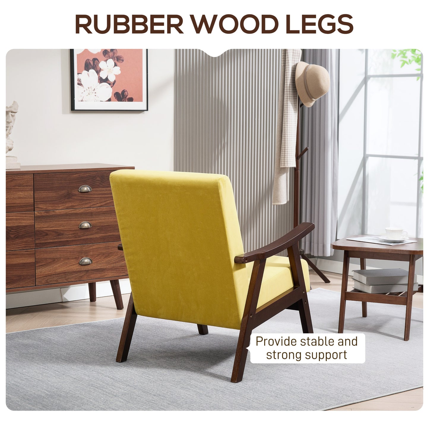 HOMCOM Nordic Velvet Armchair With Solid Wood Frame And Soft Thick Padding In Champagne For Living Room And Bedroom