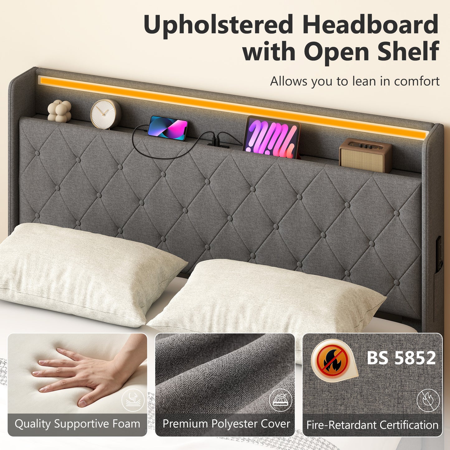 HOMCOM 5ft King Bed Frame With Hydraulic Storage Headboard LED Lights And Charging Station Grey
