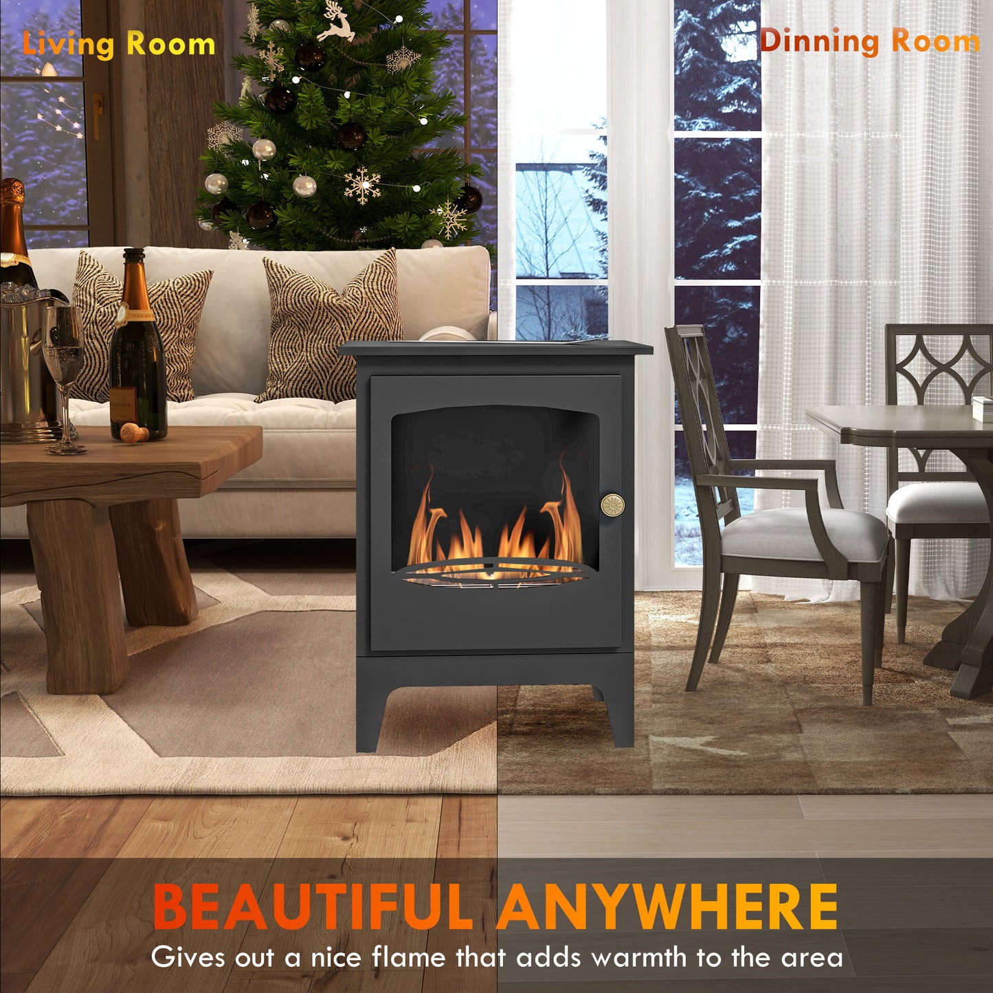 HOMCOM Freestanding Ethanol Fireplace Stainless Steel Flame Snuffer 0.9 Liter Tank 3 Hour Burn Time Indoor Use Black