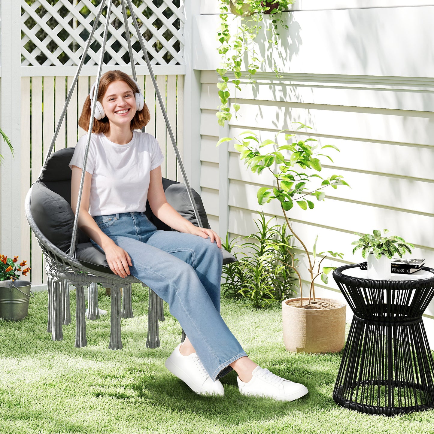 Outsunny Outdoor Hanging Chair Hammock With Soft Cushion Cotton Rope Boho Style Swing Chair Dark Grey