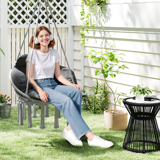 Outsunny Outdoor Hanging Chair Hammock With Soft Cushion Cotton Rope Boho Style Swing Chair Dark Grey