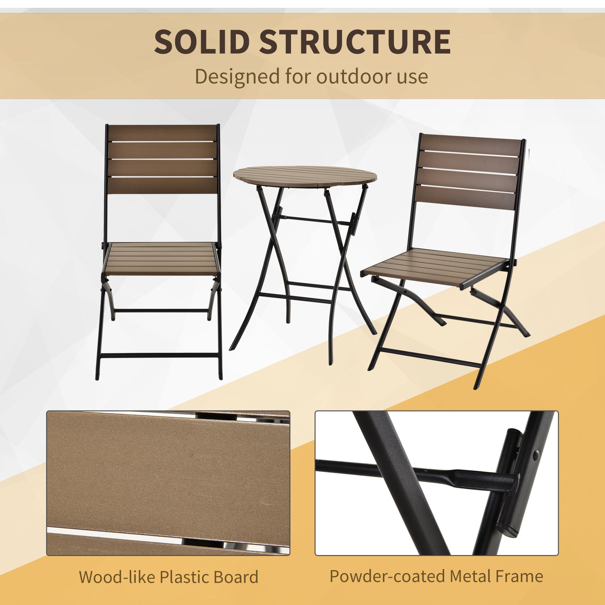 Outsunny Compact 3-Piece Folding Bistro Set with Metal Frame and Slatted Plastic Panels - Black & Brown Garden Dining Furniture - ALL4U RETAILER LTD