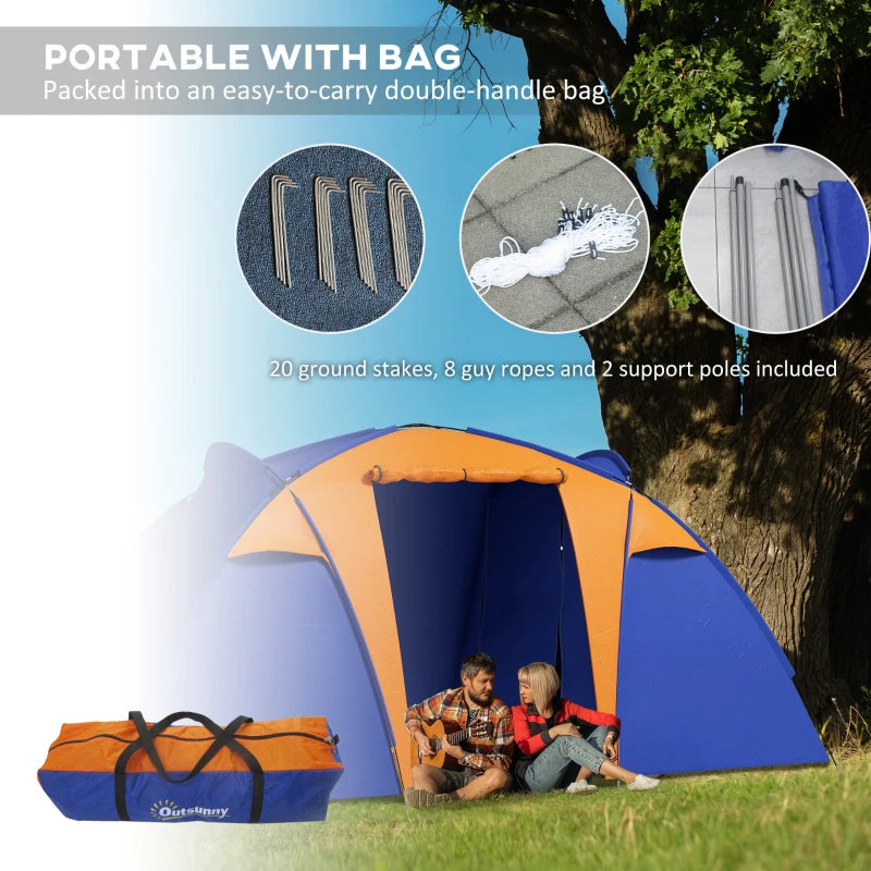 Outsunny Camping Tent with 2 Bedrooms, Living Area, and Porch - 4-6 Person Large Tunnel Tent, 2000mm Waterproof, Portable with Bag - ALL4U RETAILER LTD