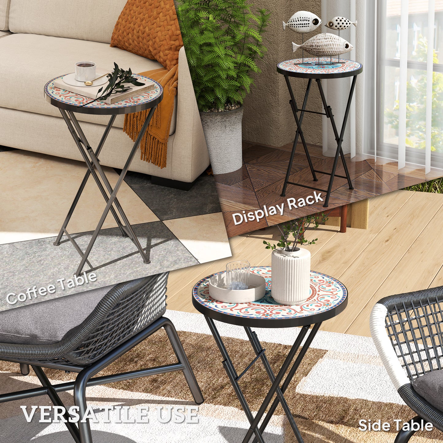 Outsunny Mosaic Outdoor Garden Table 35.5cm Round Folding Coffee Table With Metal Frame For Balcony Terrace Multicolour