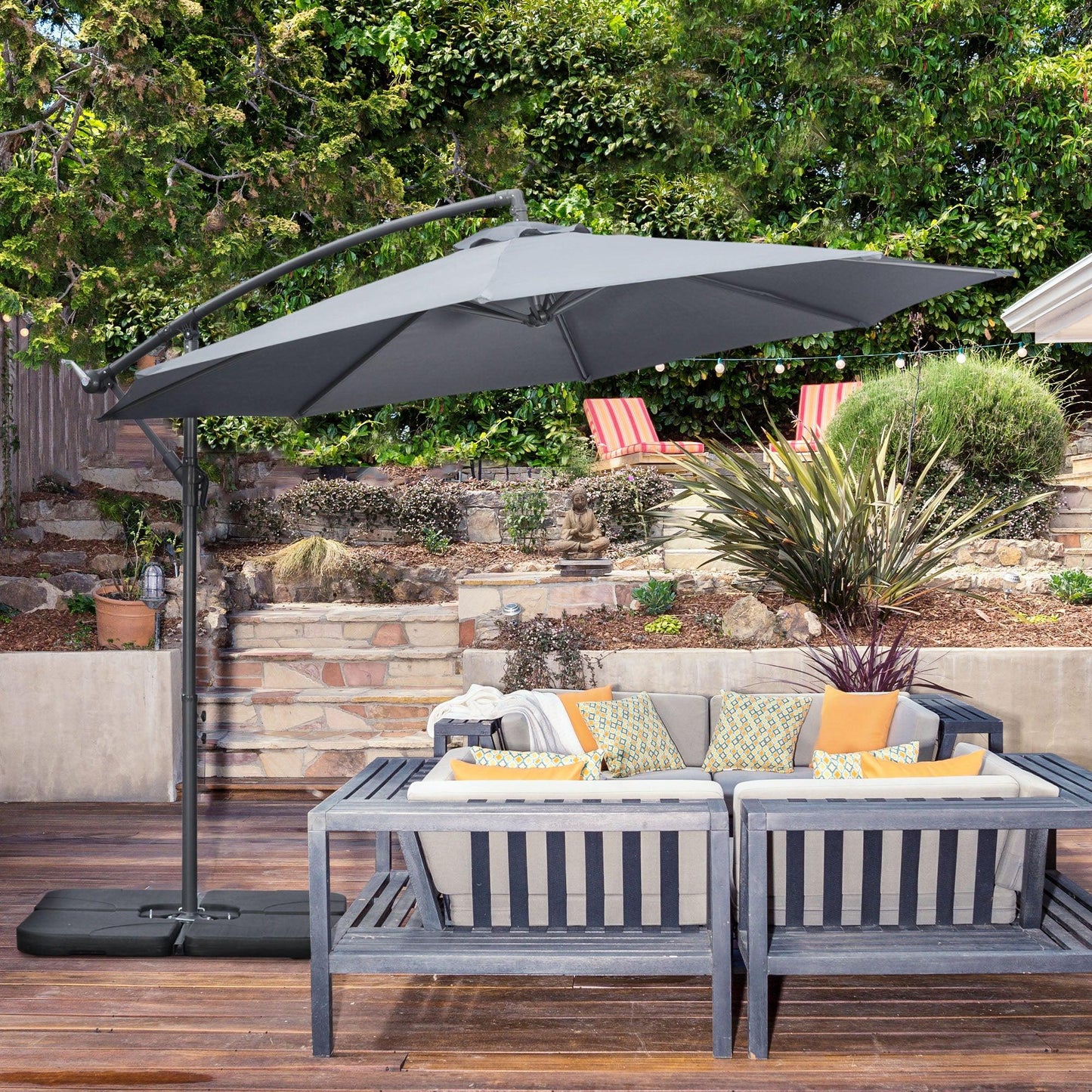 Outsunny 3(m) Banana Parasol Cantilever Umbrella Garden w/ Base Weights, Grey - ALL4U RETAILER LTD