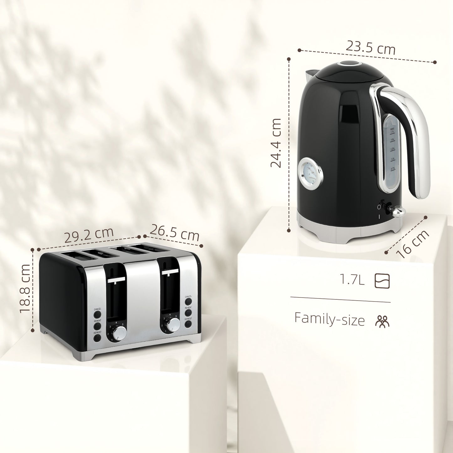 HOMCOM Retro 3000W Kettle and Toaster Set Black with 1.7L Kettle Capacity for Seven Cups