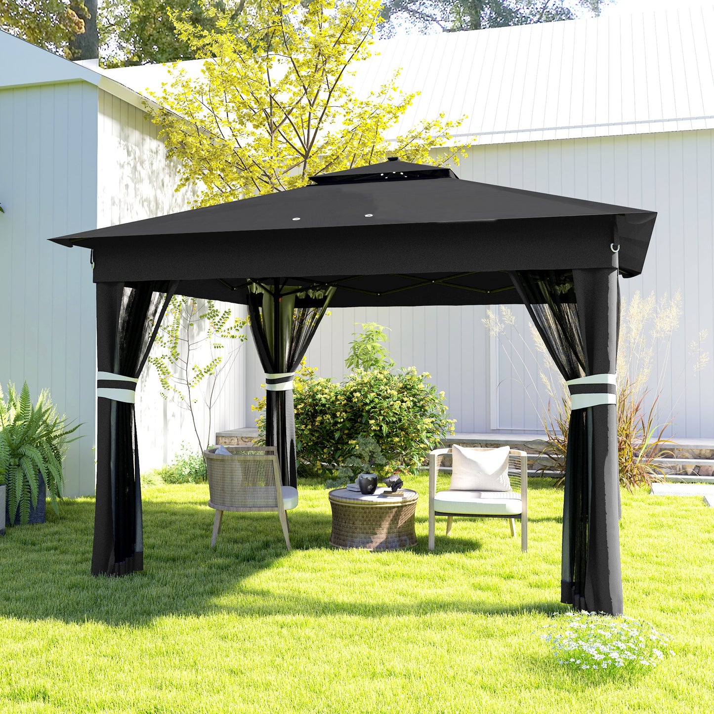 Outsunny 3.36 x 3.36m Pop Up Gazebo With Solar Powered LED Lights Netting Adjustable Height 250 To 270cm Black
