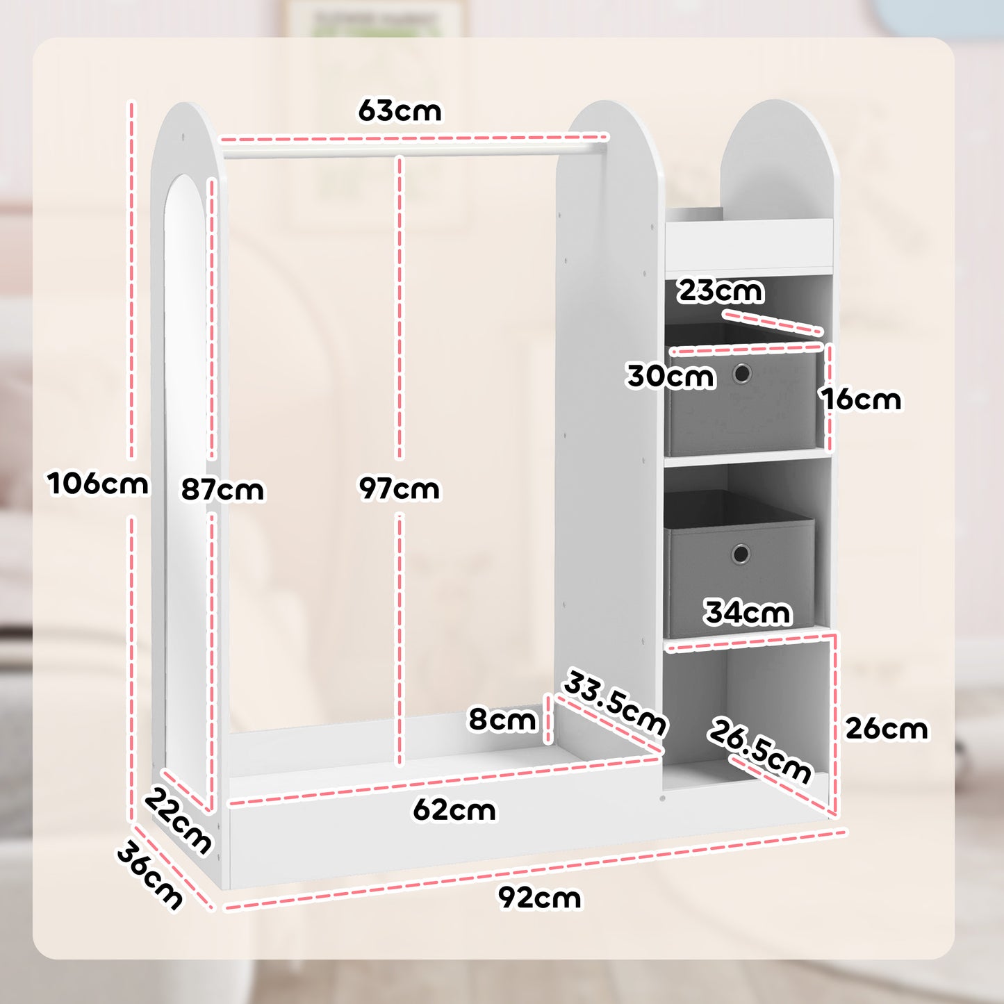 AIYAPLAY Kids Clothes Rail Wardrobe With Storage Shelf And Boxes Mirror For Bedroom And Nursery White