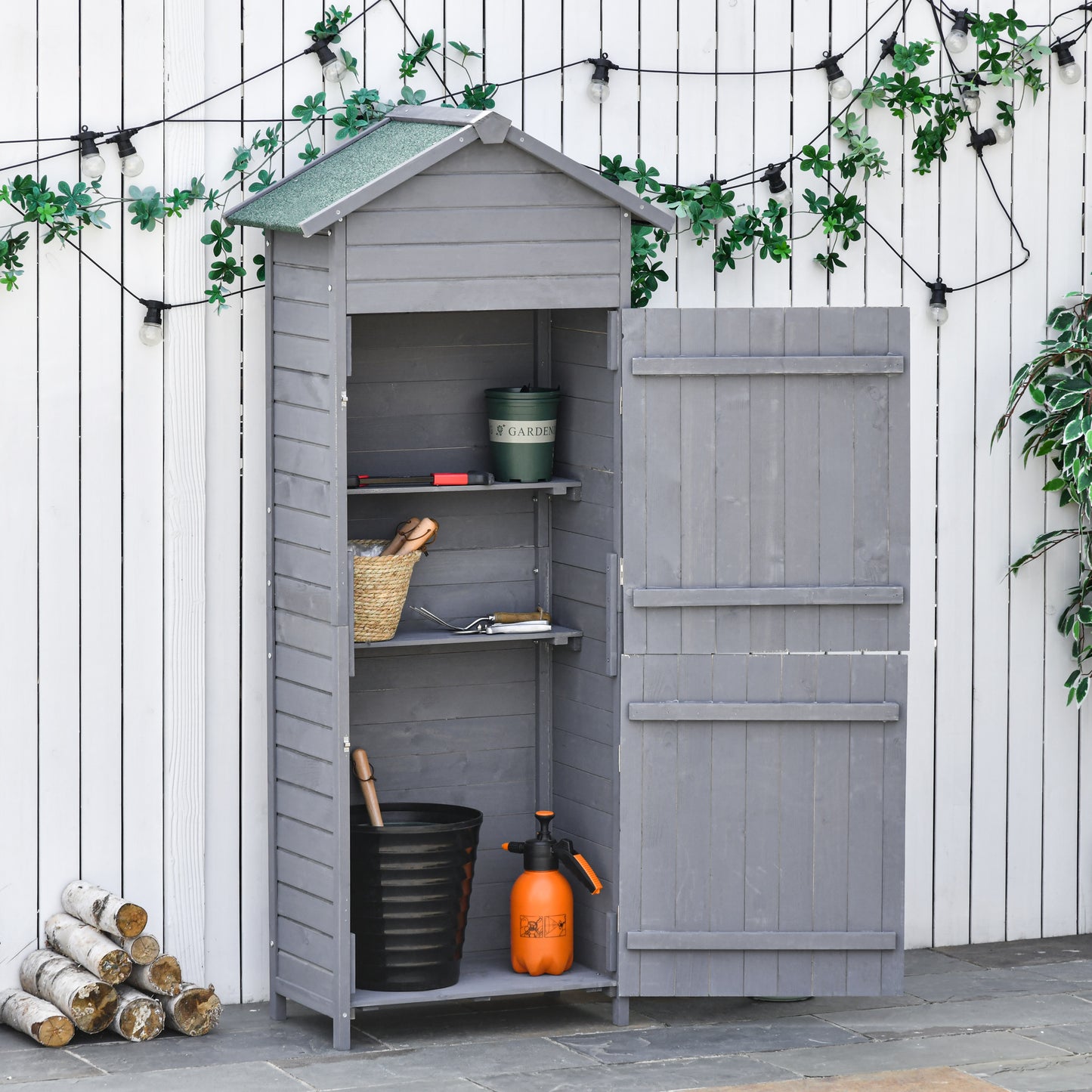 Outsunny Narrow Fir Wood Garden Storage Shed with Lockable Doors and Shelving, Grey - 189 x 82 x 49 cm - ALL4U RETAILER LTD