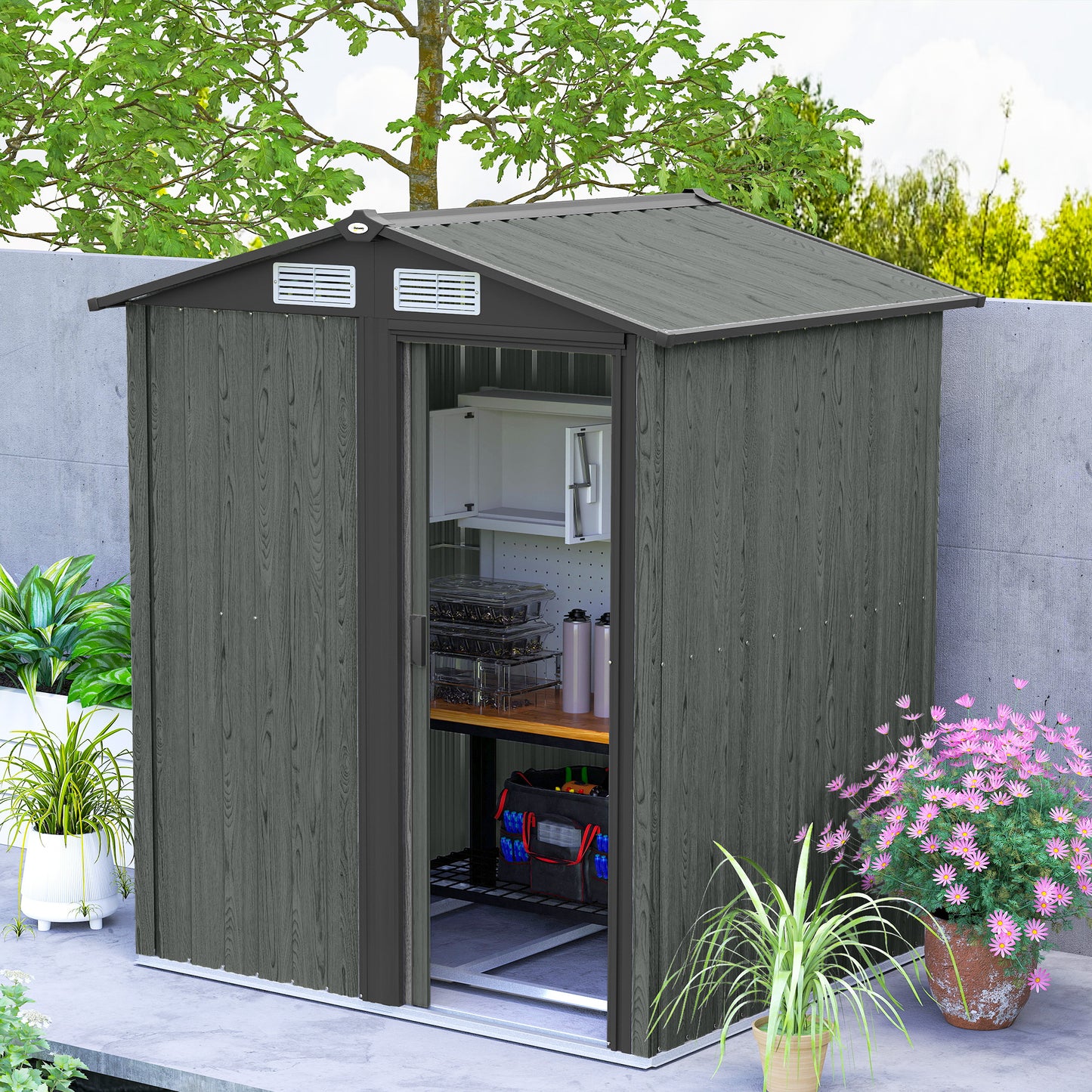 Outsunny Galvanised 4.3 x 5ft Outdoor Garden Storage Shed Grey Wood Effect Sheltered Roof With Ventilation