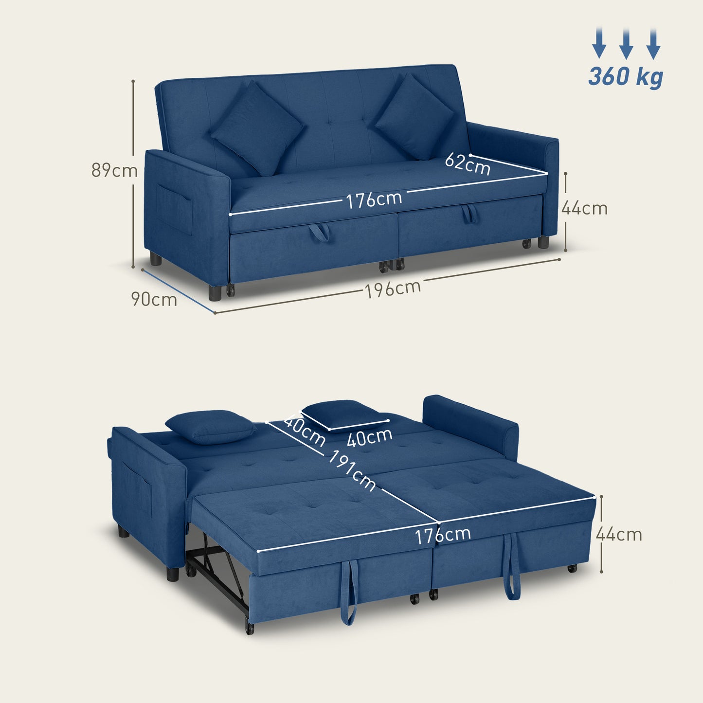 HOMCOM Velvet Feel Three Seater Sofa Bed With Click Clack Mechanism On Wheels In Blue