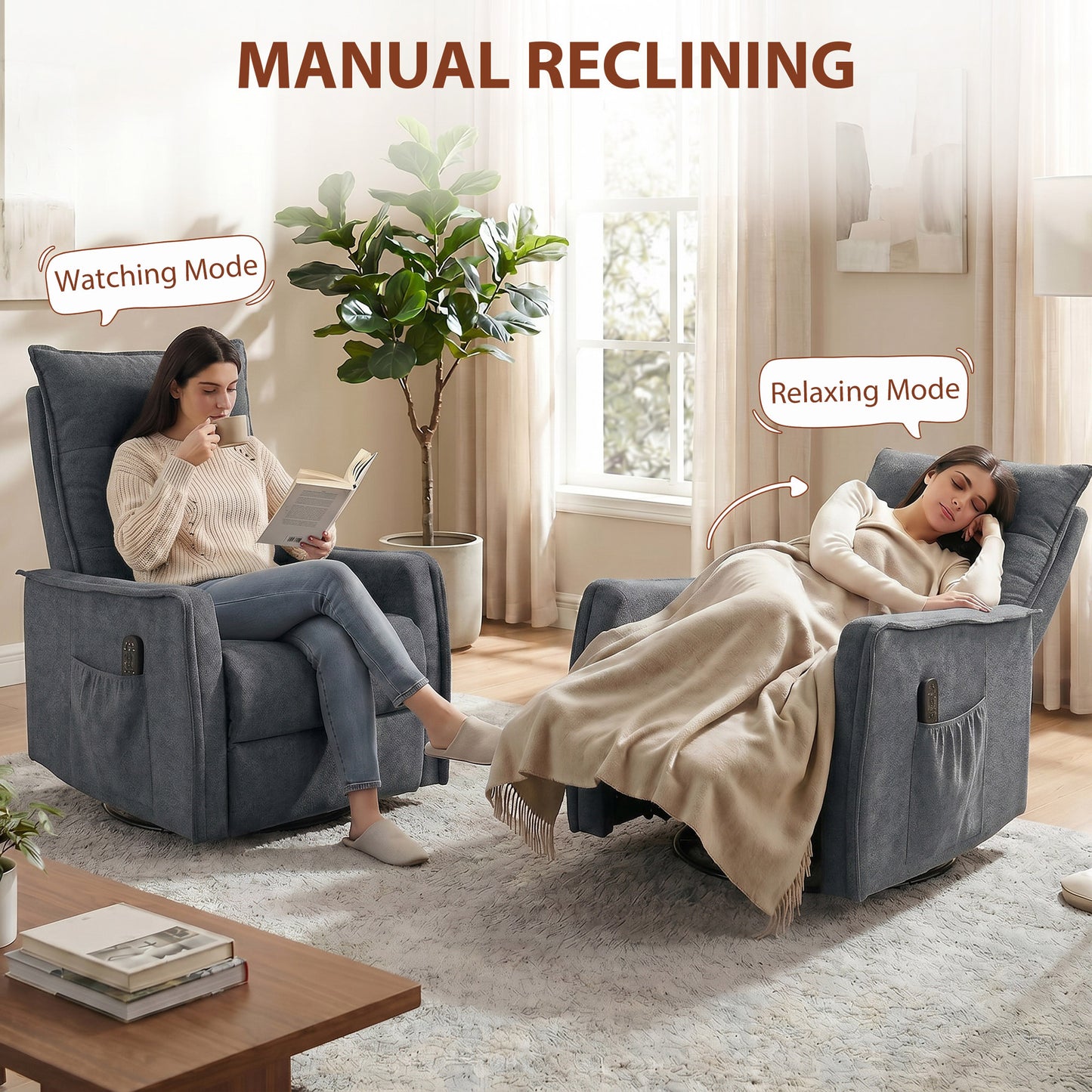 HOMCOM Chenille Recliner Chair With Massage And Heat Eight Point Vibration 360 Degree Swivel Manual Recliner Dark Grey