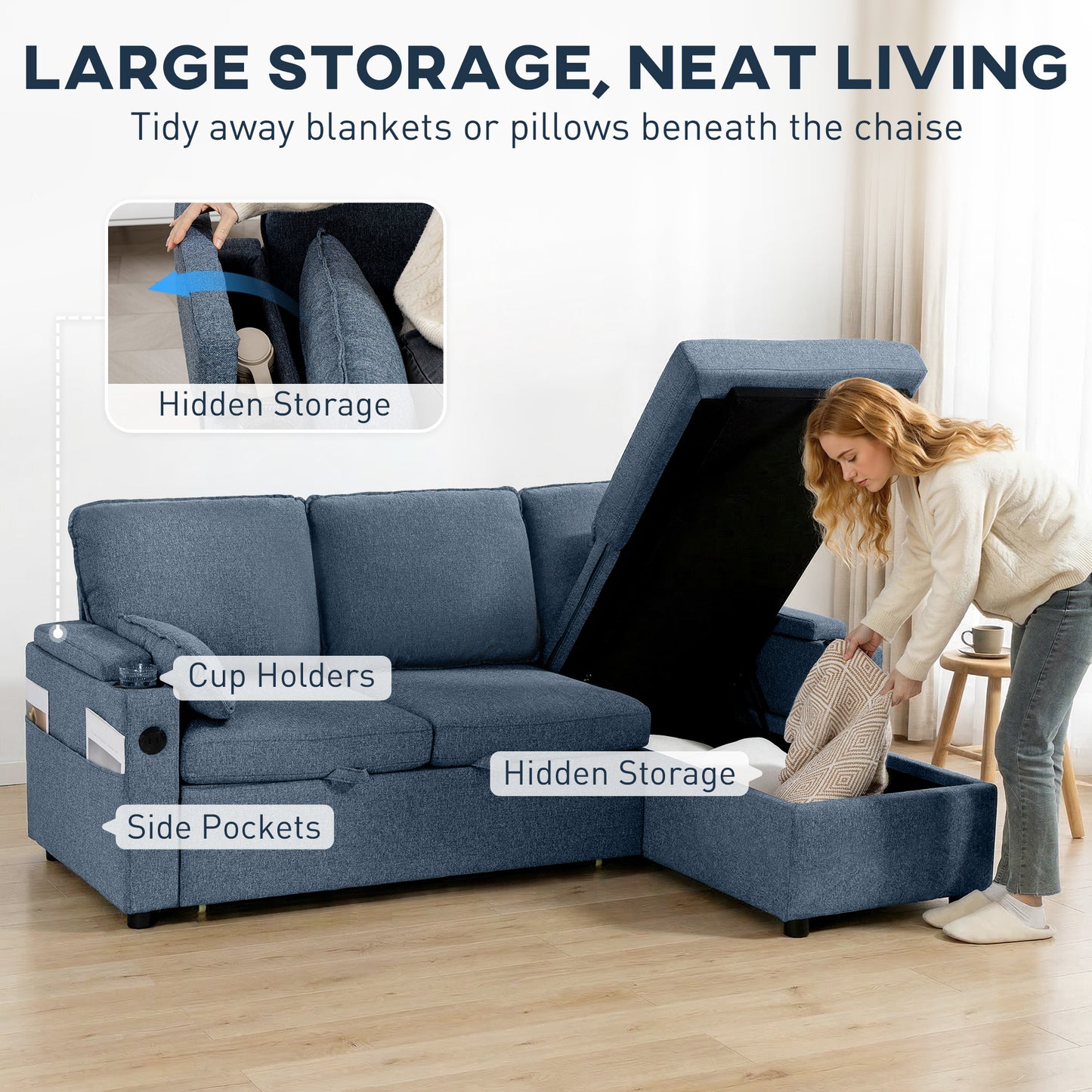 HOMCOM Corner Sofa Bed L Shaped Sleeper Sectional Sofa With Reversible Storage Chaise Blue