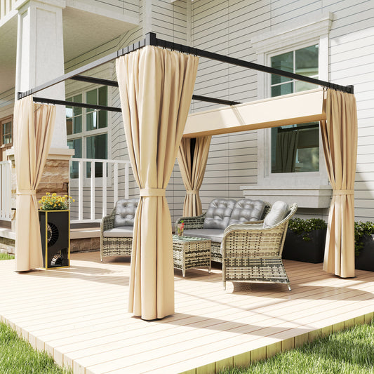 Outsunny 3x3m Retractable Roof Pergola With Curtains Khaki Patio Shade Canopy Outdoor