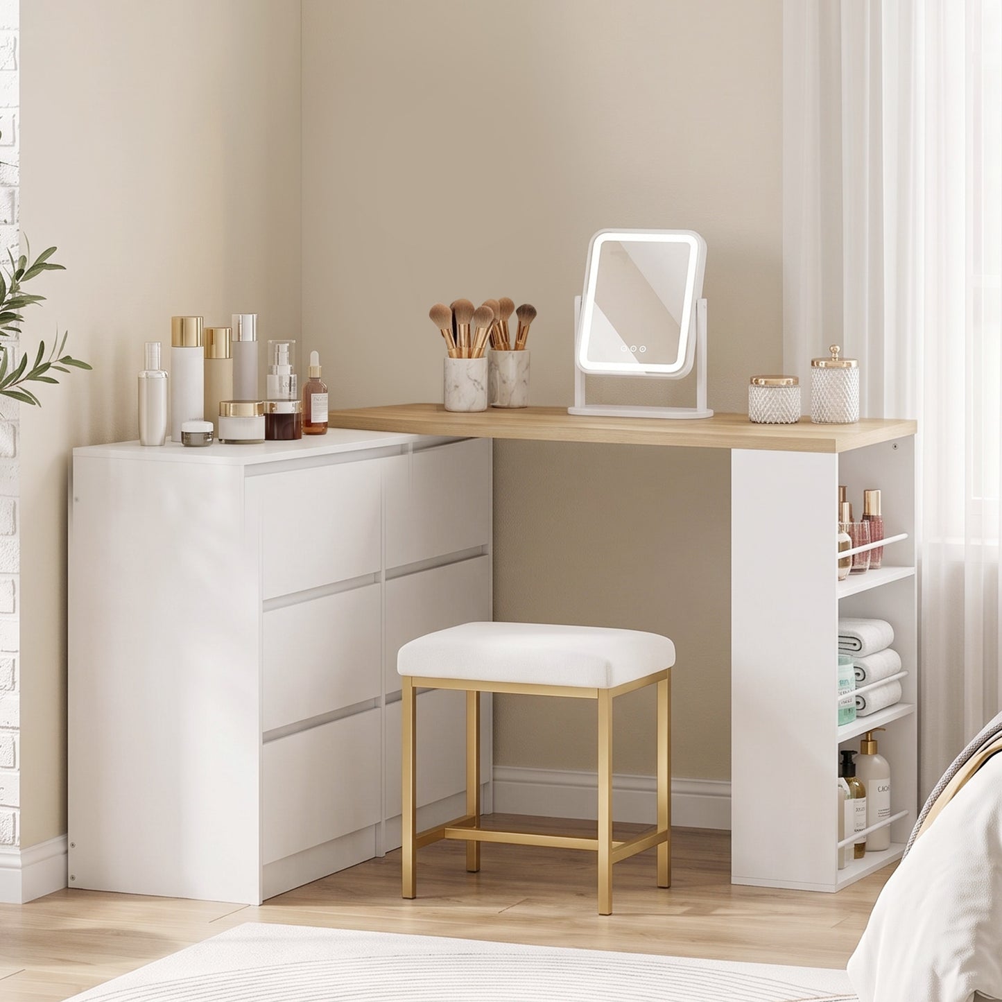 HOMCOM Vanity Table with 6 Drawers and 3 Tier Shelf White Convertible Dressing Table for Corner or Open Wall