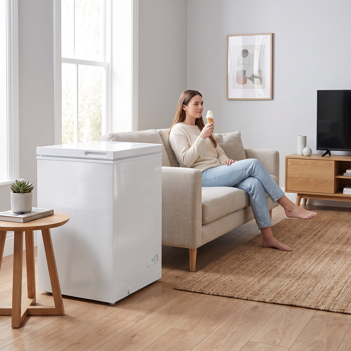 White chest freezer with hinged lid standing on living room floor