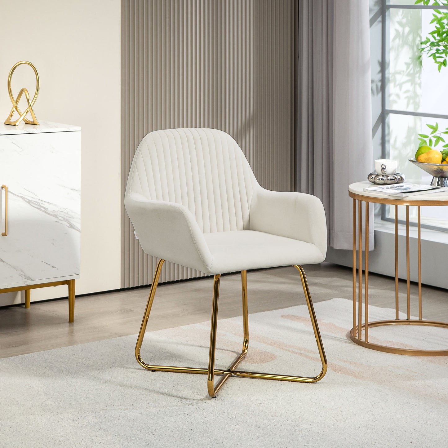 HOMCOM Modern Arm Chair Upholstered Accent Chair With Metal Base For Living Room Cream White