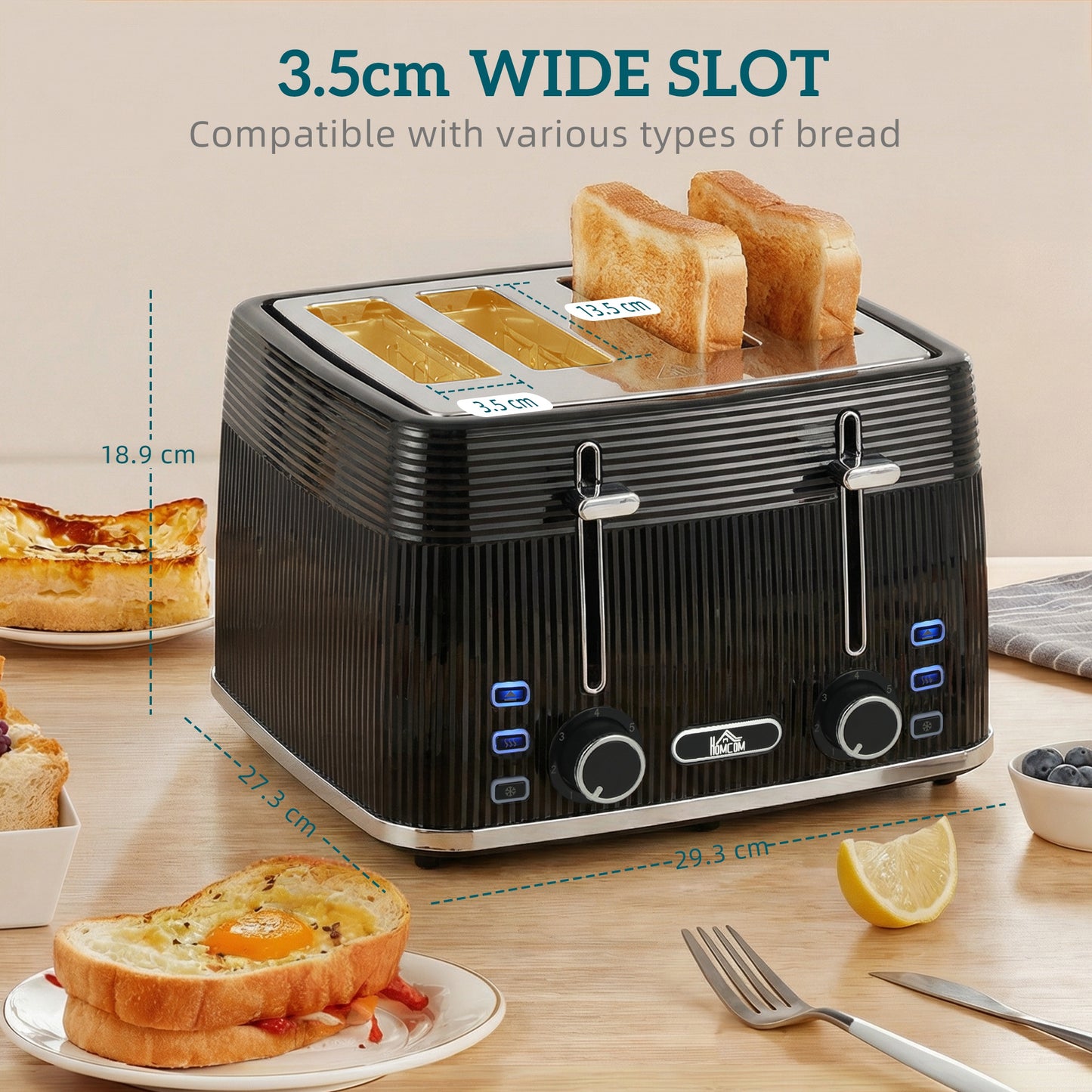 HOMCOM 4 Slice Toaster With 7 Browning Levels Dual Controls Removable Crumb Tray Black