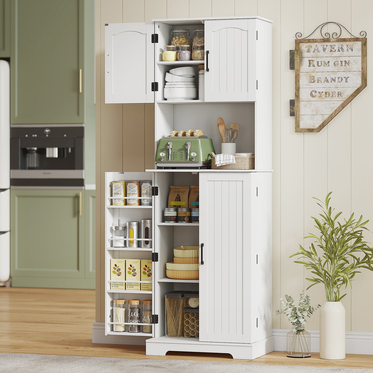 HOMCOM 181.5 cm Freestanding Storage Cabinet Tall Kitchen Cupboard With Adjustable Shelves And 8 Door Spice Racks White