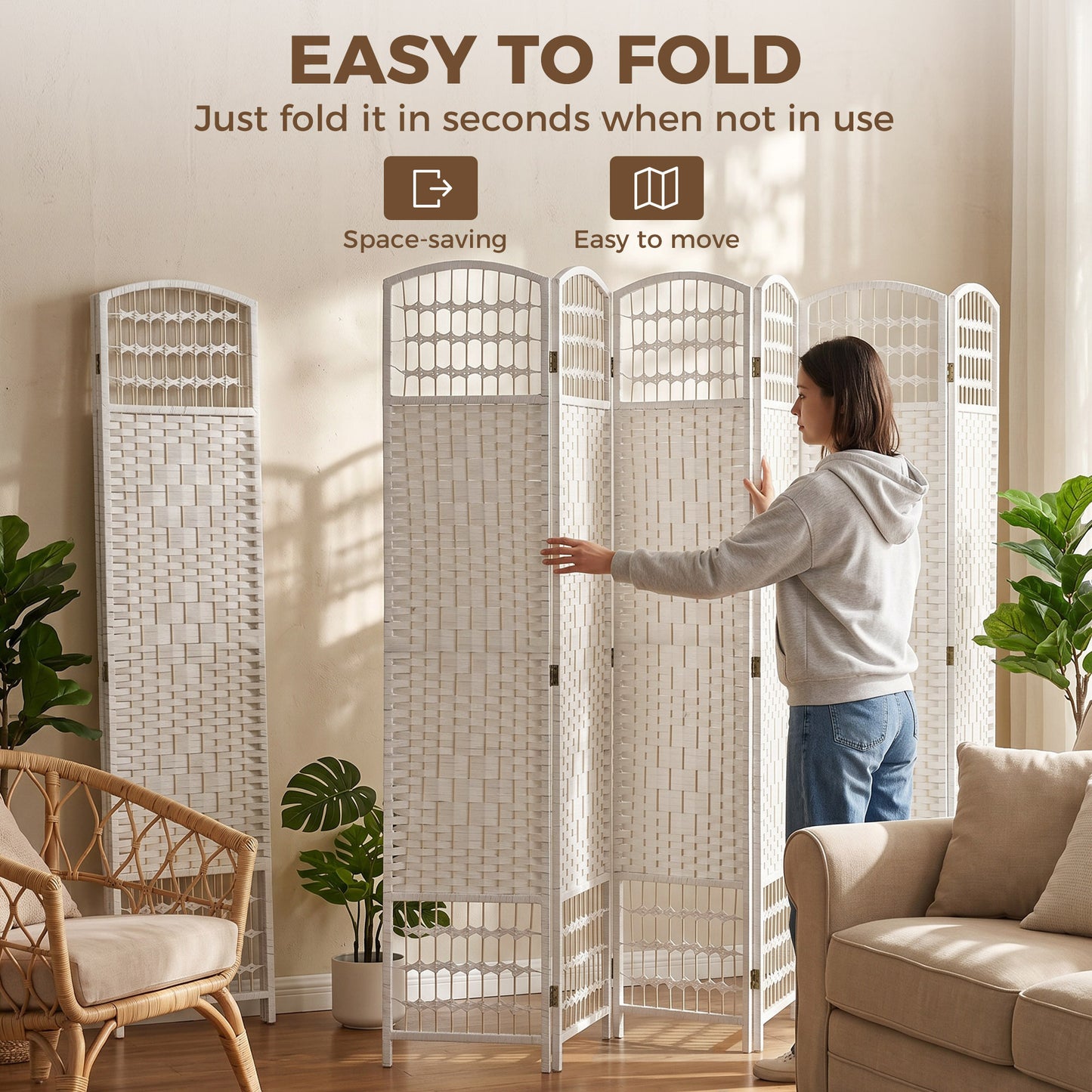 HOMCOM Six Panel Folding Room Divider Privacy Screen Paravent Partition Separator For Living Room And Bedroom White