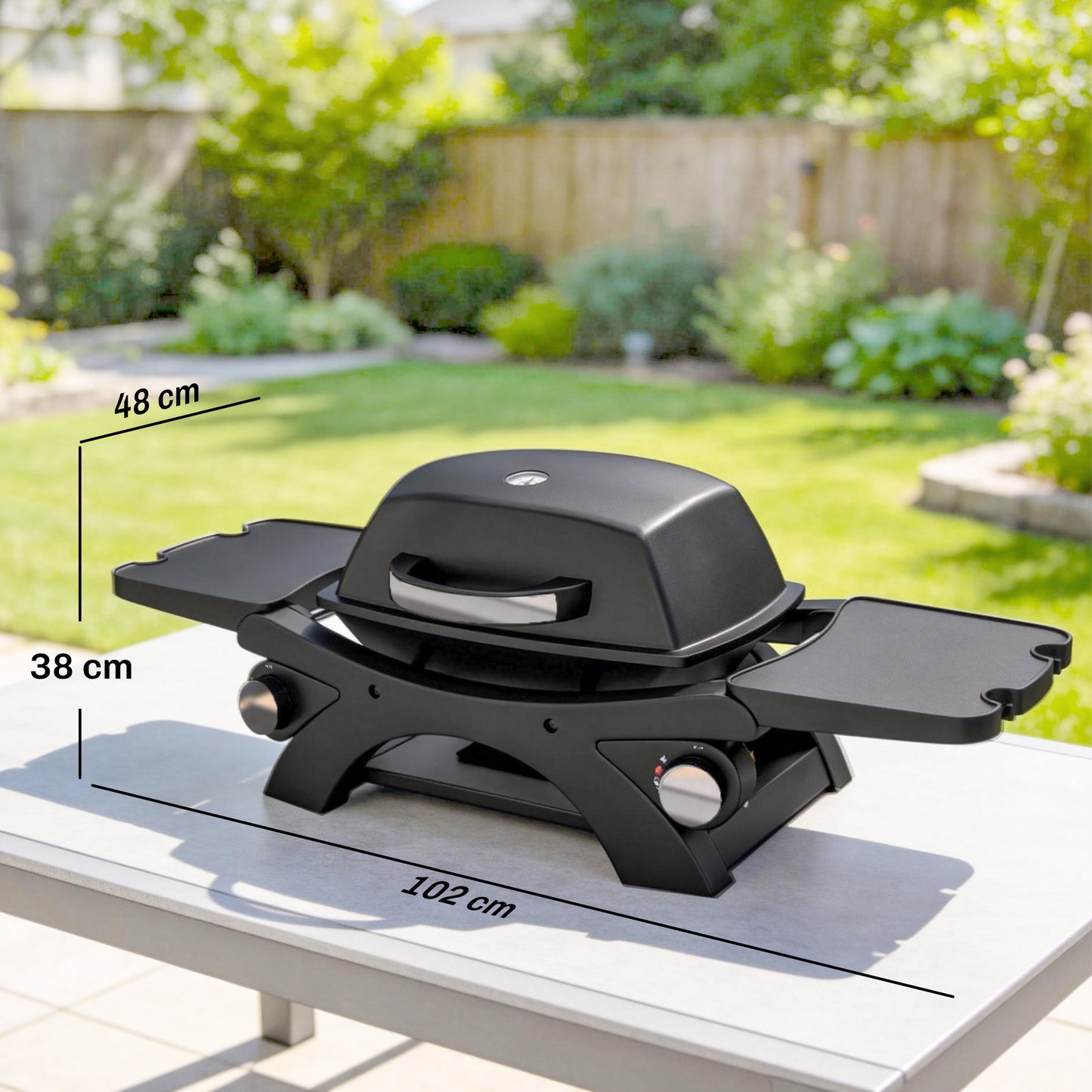 Outsunny 2 Burner Gas Grill With Detachable Side Tables 3.8 KW Steel BBQ Grill Cast Iron Grates Lid And Thermometer