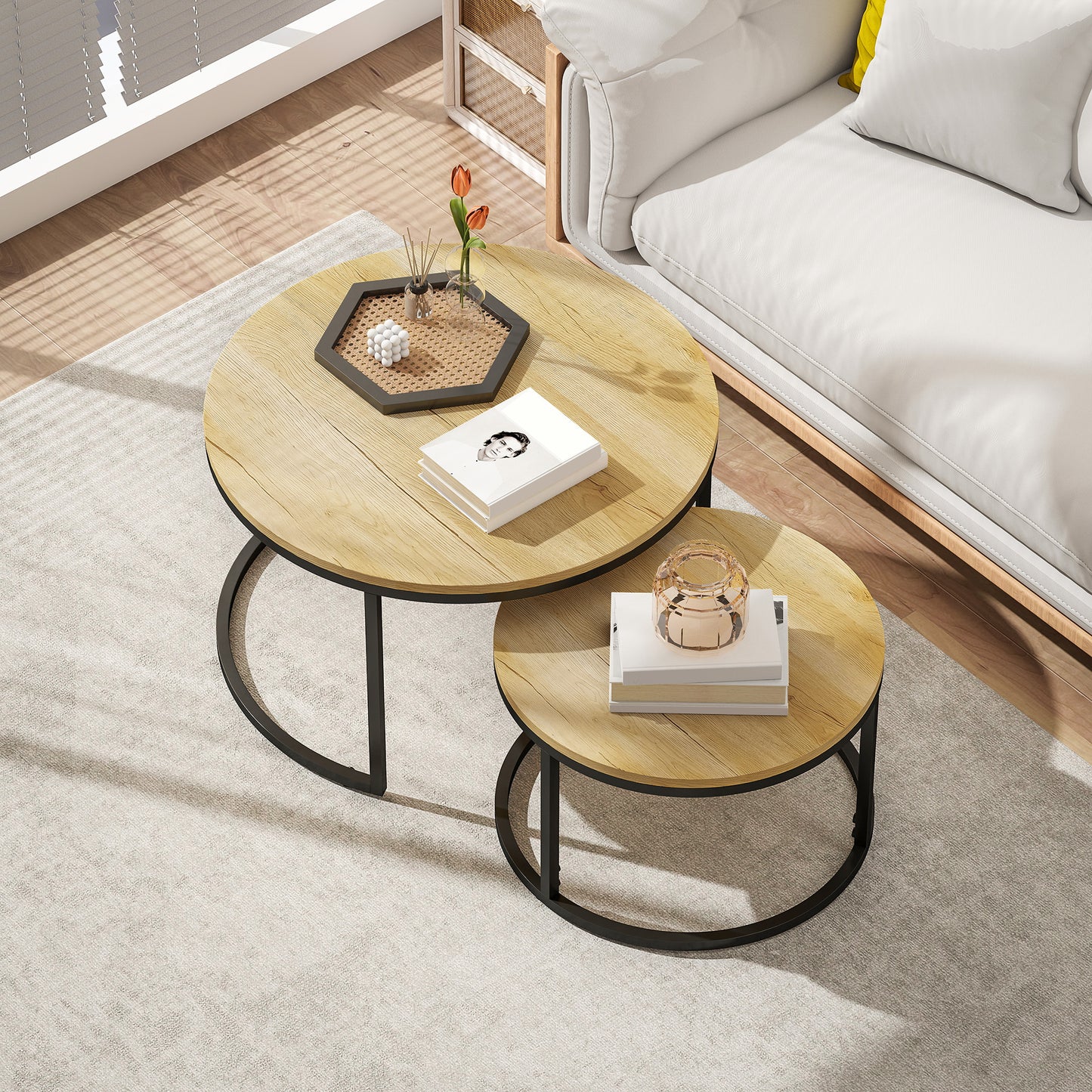 HOMCOM Wood Effect Nesting Tables Set of Two Natural Finish Stacking Side Tables for Living Room
